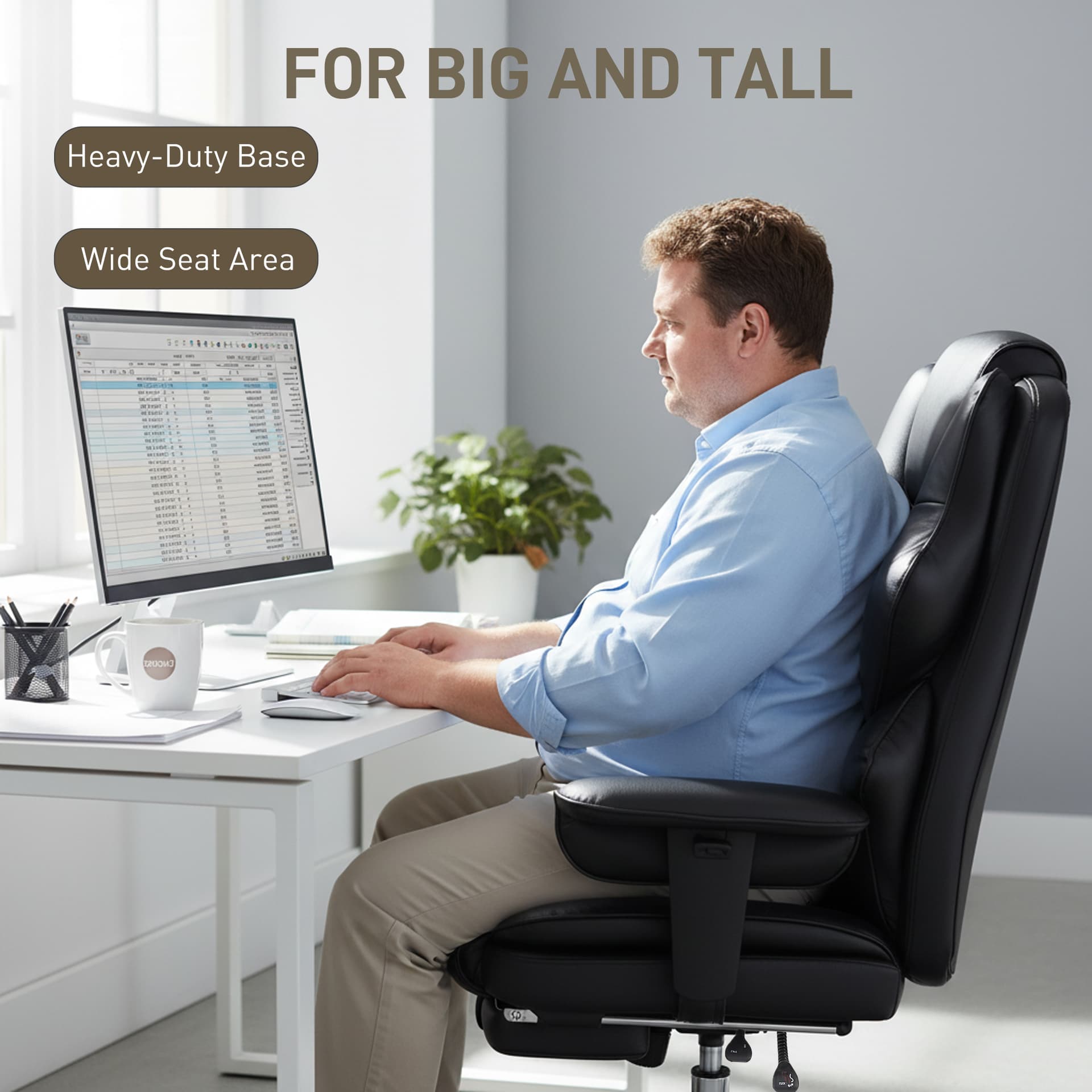 Big and Tall Office Chair, 400 lbs Overstuffed Desk Chair with Spring Cushion, Shaped Foam, PU Leather