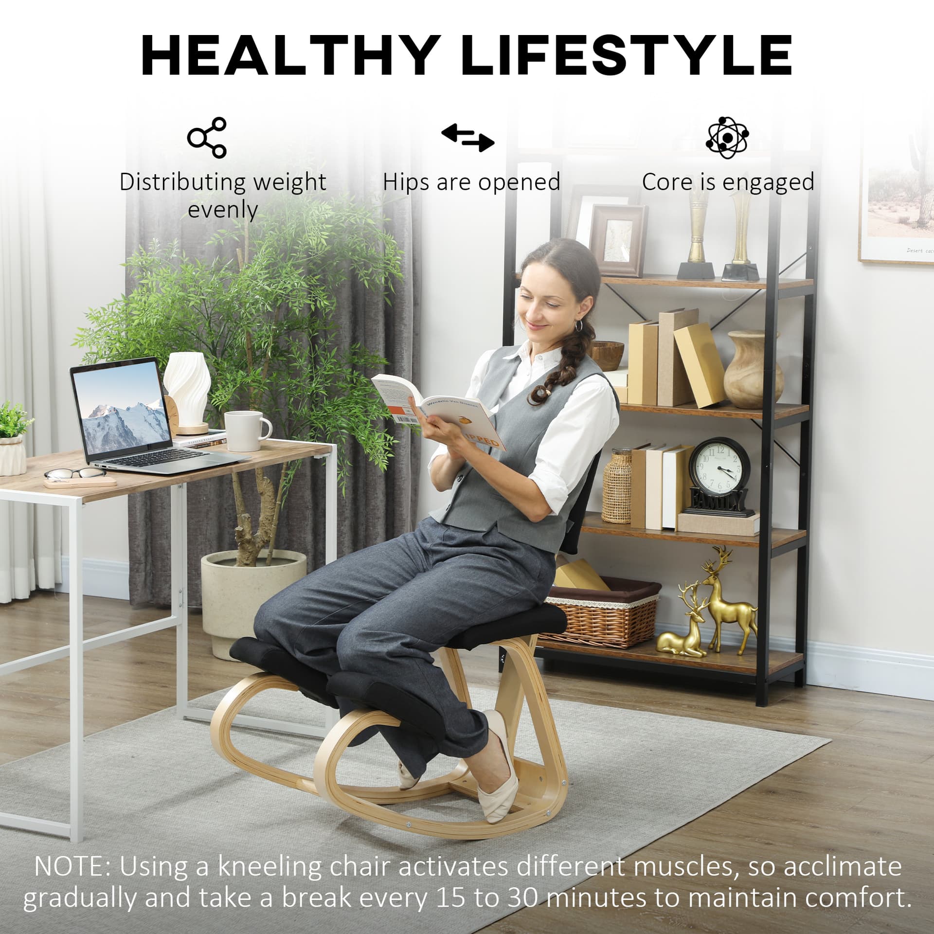 Ergonomic Kneeling Chair, Rocking Wood Kneel Stool with Backrest for Improve Posture, Back Pain, Black