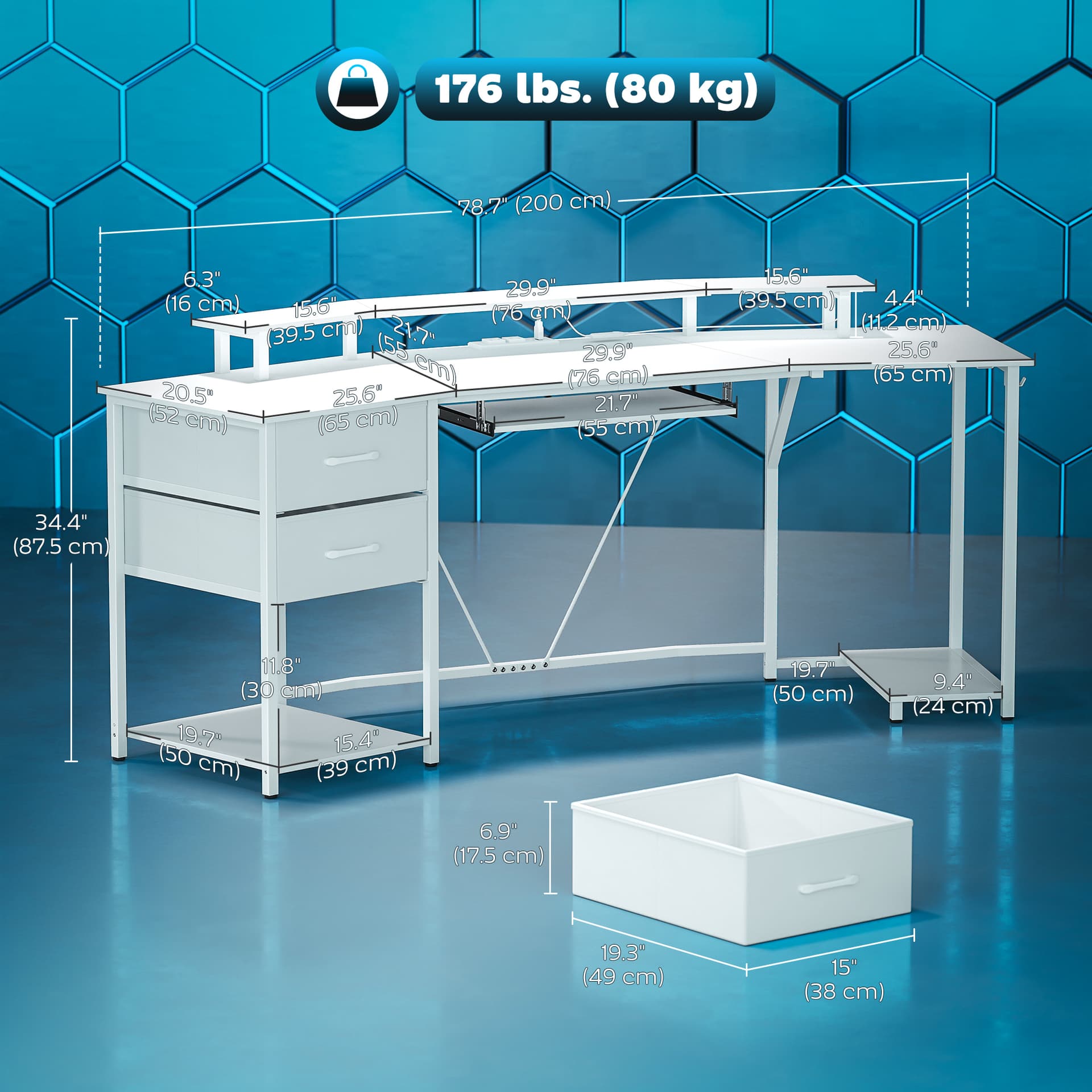 79 inch Gaming Desk with RGB Lights, Computer Table with Power Outlets & USB Ports, Keyboard Tray and 2 Drawers, White