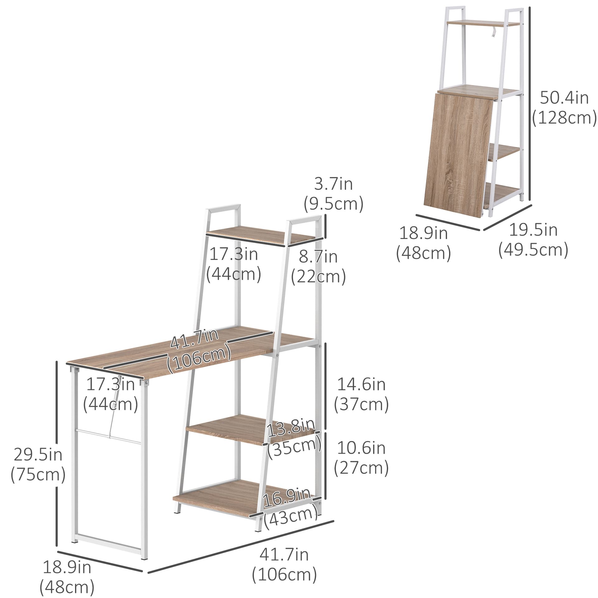 Computer Desk with Storage Sheves and Foldable Tabletop, Writing Desk for Home Office and Study, White, Natural