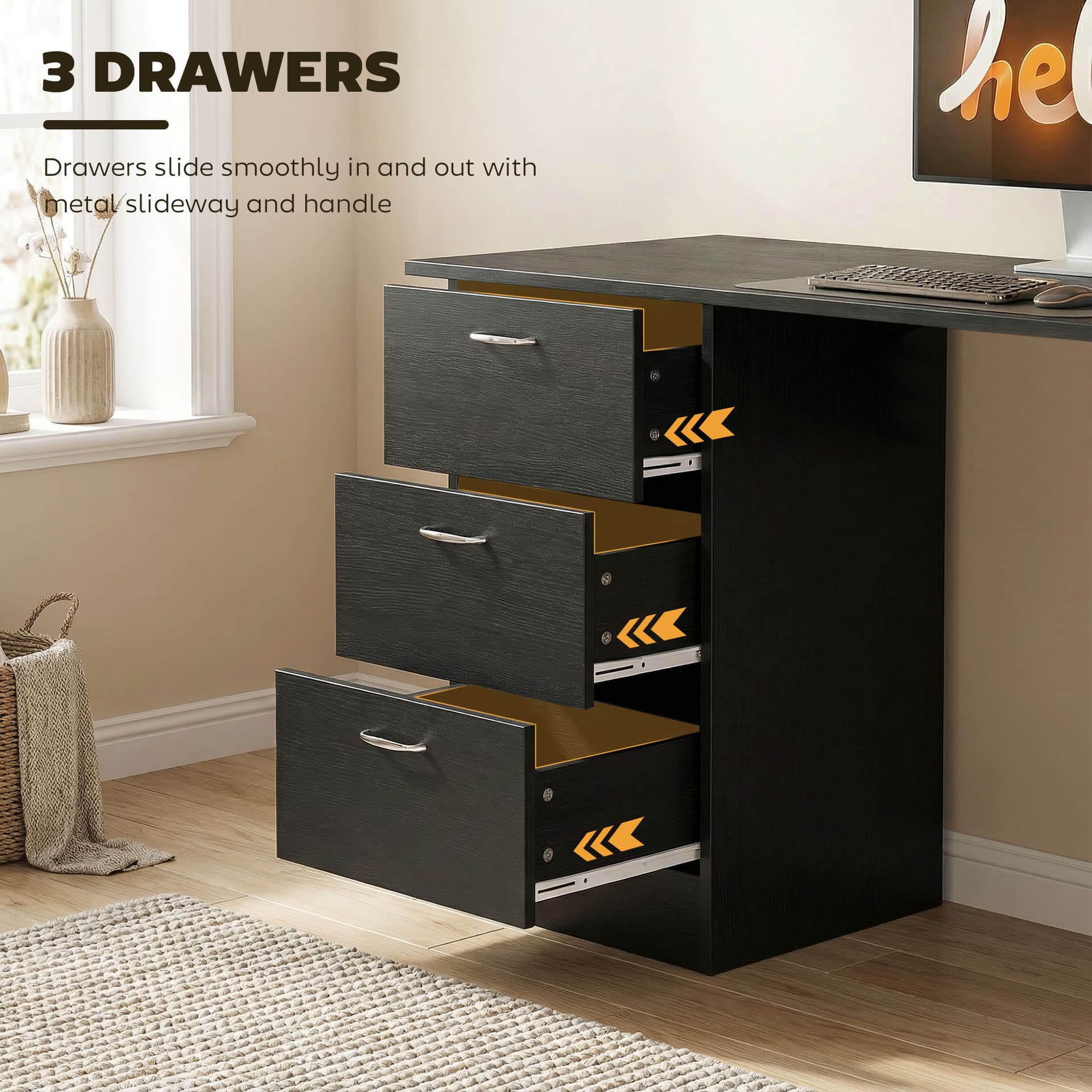 Computer Desk, 47" Writing Table with 3-Tier Shelves and 3 Reversible Drawers for Home Office, Bedroom, Black