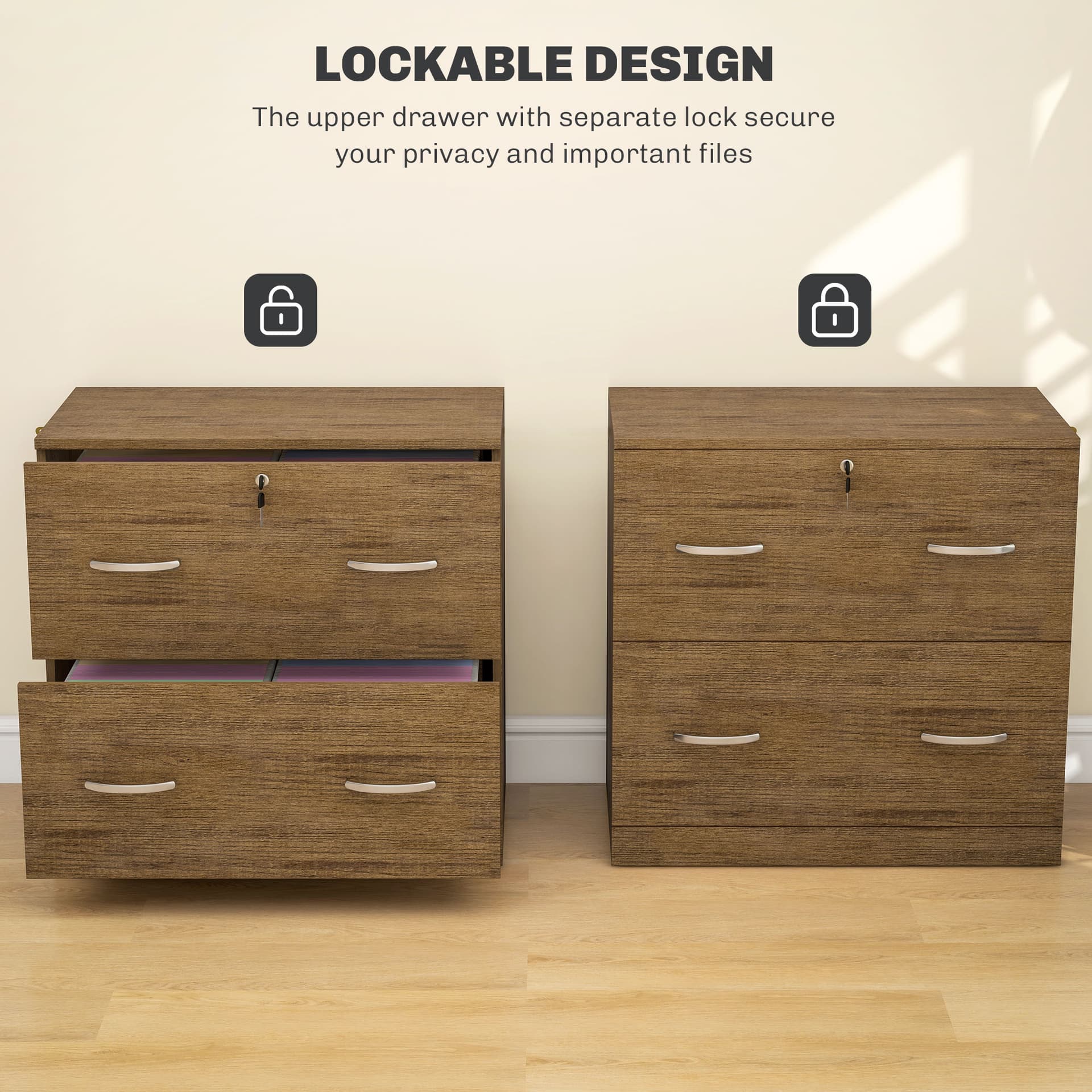 2 Drawer File Cabinet with Lock, Office Filing Cabinet, Hanging Bar for Letter Size, Home Office, Light Brown