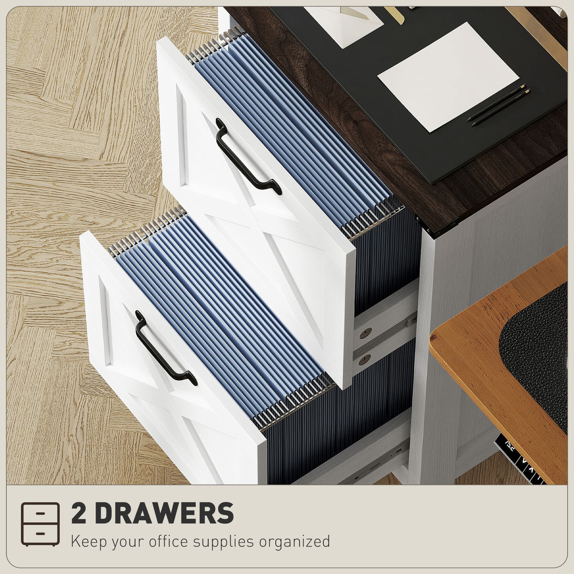 Vertical Filing Cabinet with 2 Drawers, Rustic Farmhouse Office Storage Cabinet for A4, Letter Size, Distressed White