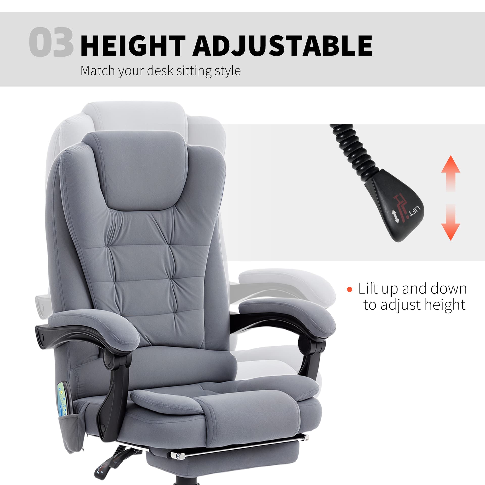7-Point Vibrating Massage Chair, Reclining Office Chair with Footrest, Reclining Back, Adjustable Height, Grey