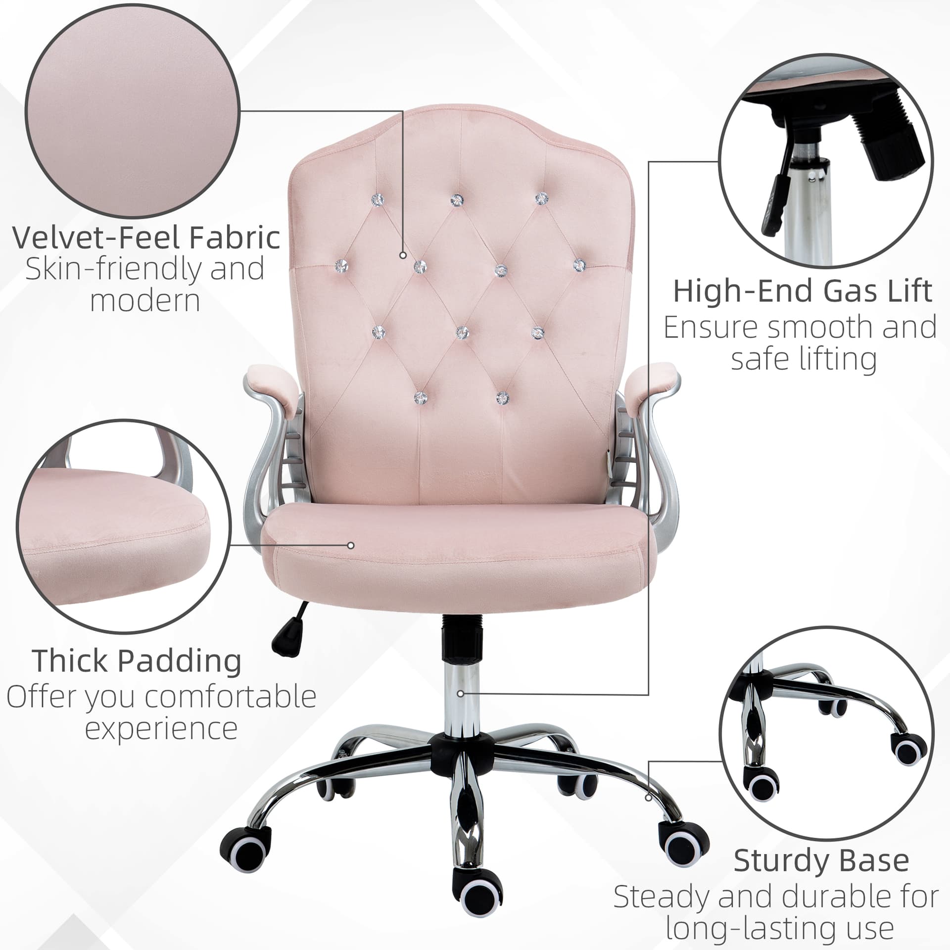 Office Chair, Velvet Computer Chair, Button Tufted Desk Chair with Swivel Wheels, Adjustable Height, Tilt Function, Pink