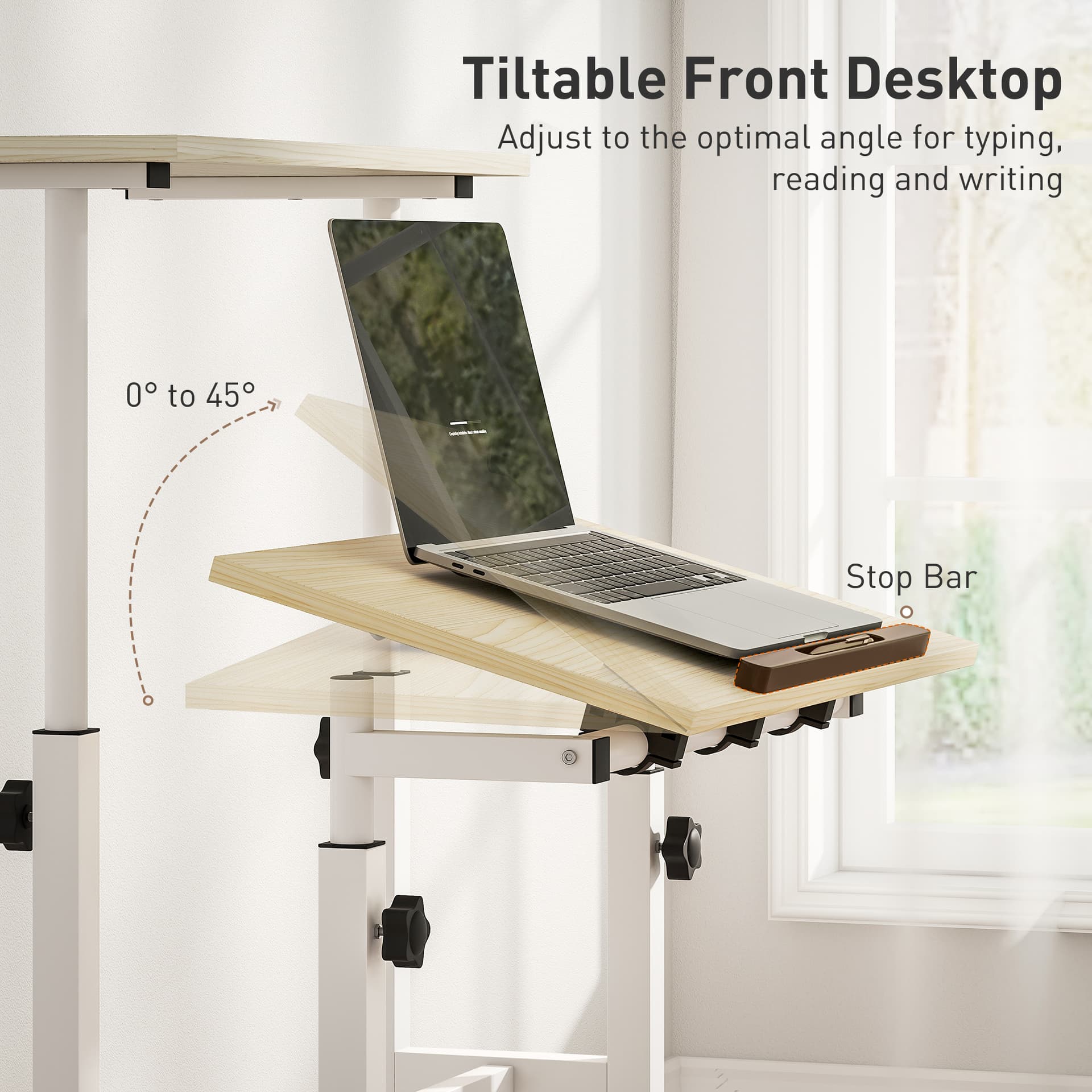 Stand Up Desk, Height & Angle Adjustable Computer Desk with Wheels for Standing or Sitting, Laptop Table, Natural