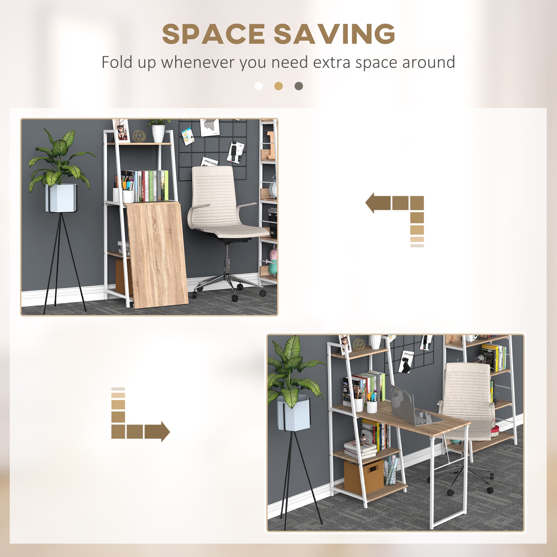 Computer Desk with Storage Sheves and Foldable Tabletop, Writing Desk for Home Office and Study, White, Natural