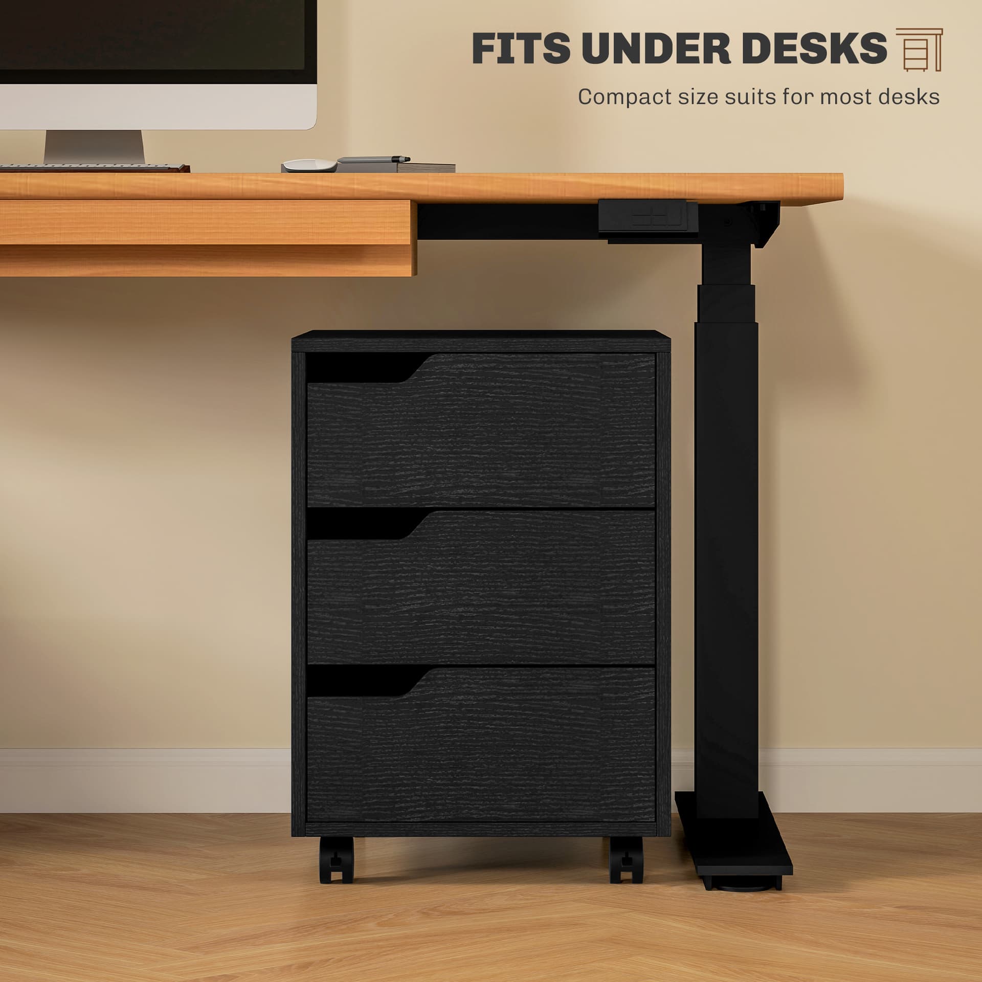 3 Drawer File Cabinet, Vertical Filing Cabinet with Wheels, Mobile Printer Stand with Storage for Home Office, Black