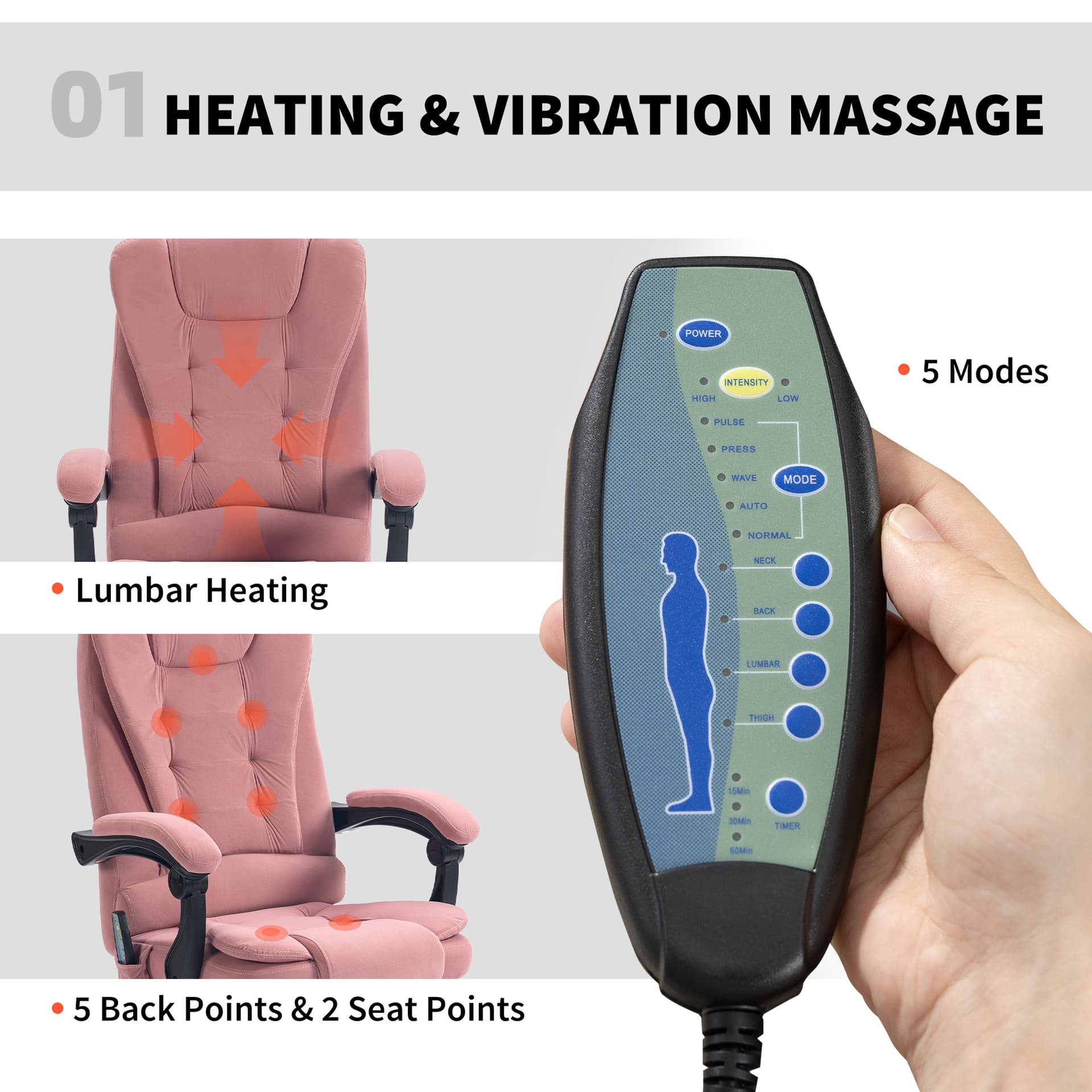 7-Point Vibrating Massage Chair, Reclining Office Chair with Footrest, Reclining Back, Adjustable Height, Pink