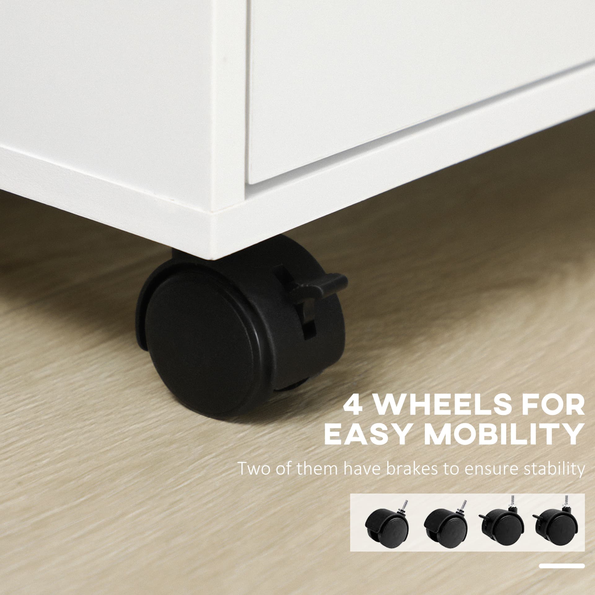 Vertical Filing Cabinet, Mobile File Cabinet on Wheels with 3 Drawers and 4 Open Shelves, Printer Stand with Lockable Casters for Home Office, White