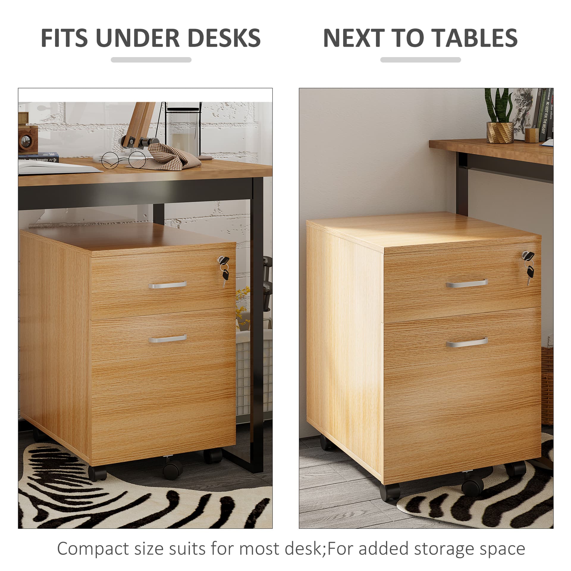 2 Drawer File Cabinet with Lock and Keys, Mobile Vertical Filing Cabinet with Wheels and Drawers, Home Office Cabinet, Natural