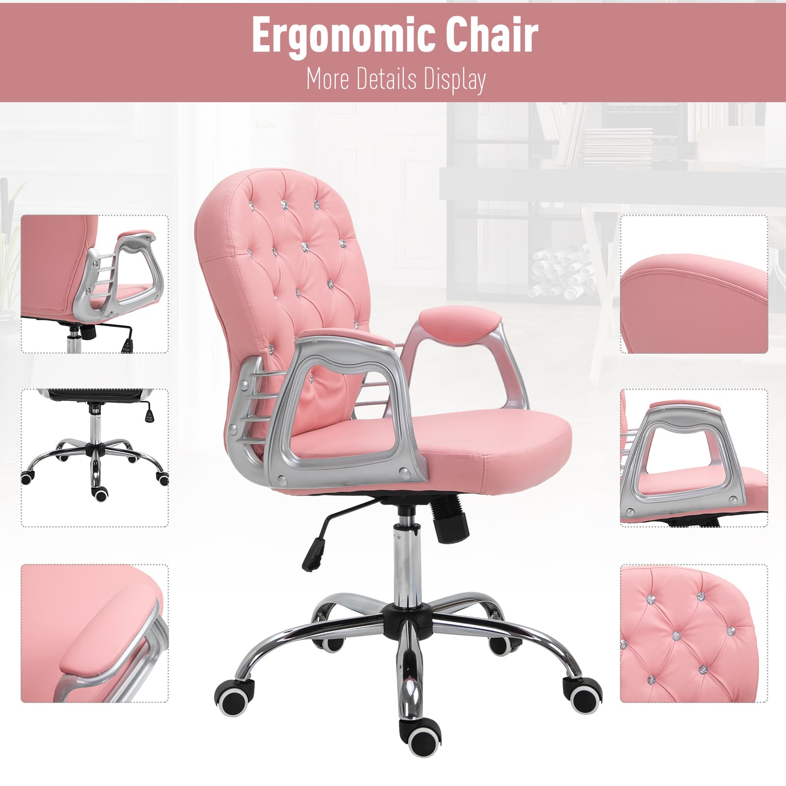 Office Chair, Computer Desk Chair with Adjustable Height and Tufted Back, Pink