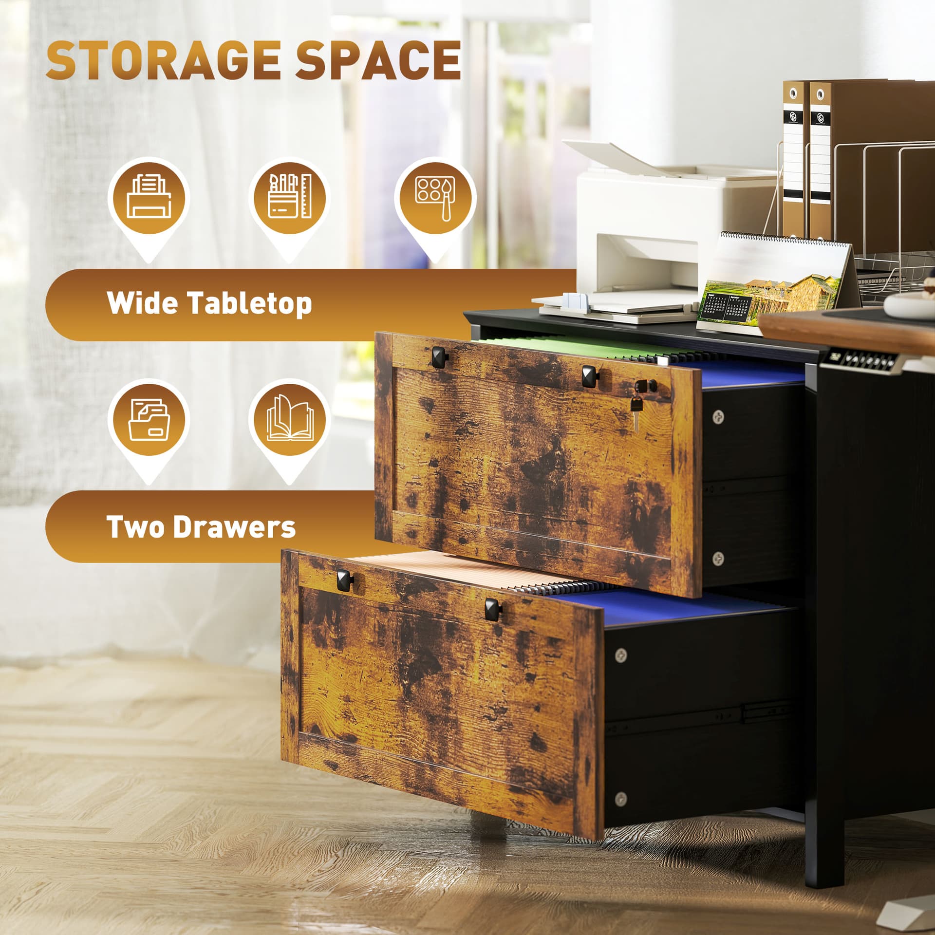 2 Drawer File Cabinet, Lockable Filing Cabinet with Adjustable Hanging Bar for Letter, A4 Size, Rustic Brown