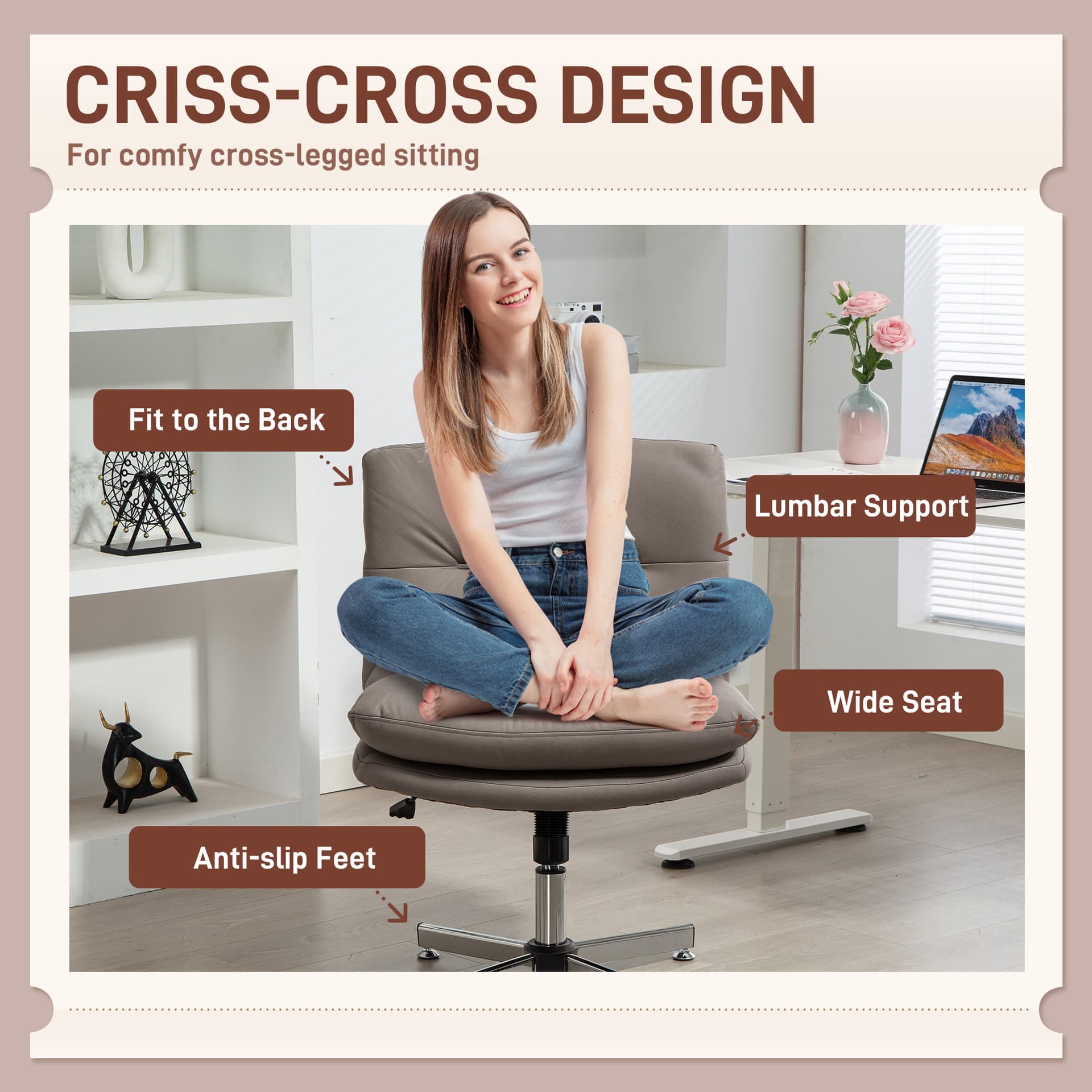 Armless Office Chair, Criss Cross Chair with Adjustable Height & Tilt Function for Home Office, Study, Grey