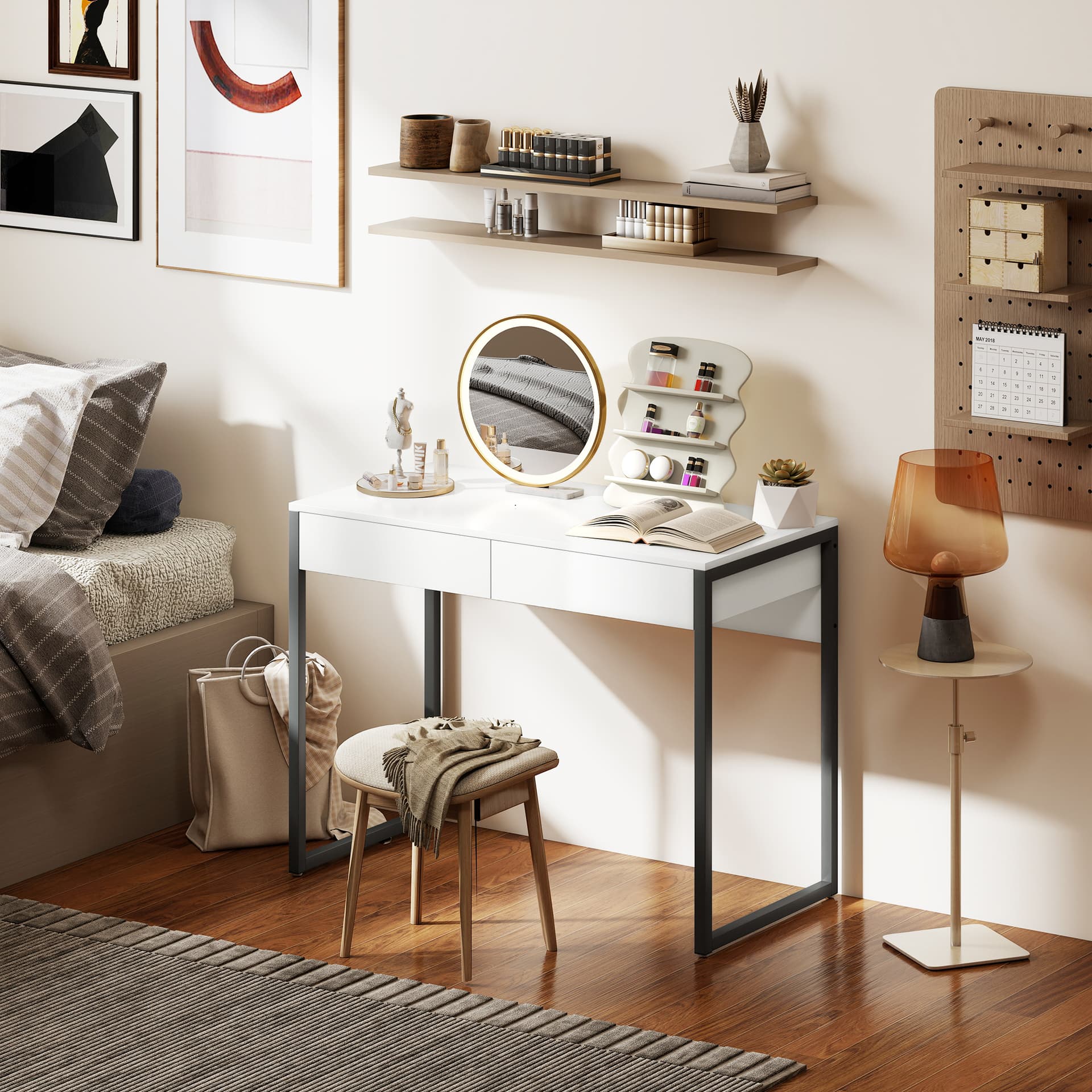 High Gloss Home Office Desk, 39" x 20" Computer Desk with 2 Drawers for Small Spaces, White and Grey