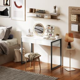 High Gloss Home Office Desk, 39" x 20" Computer Desk with 2 Drawers for Small Spaces, White and Grey