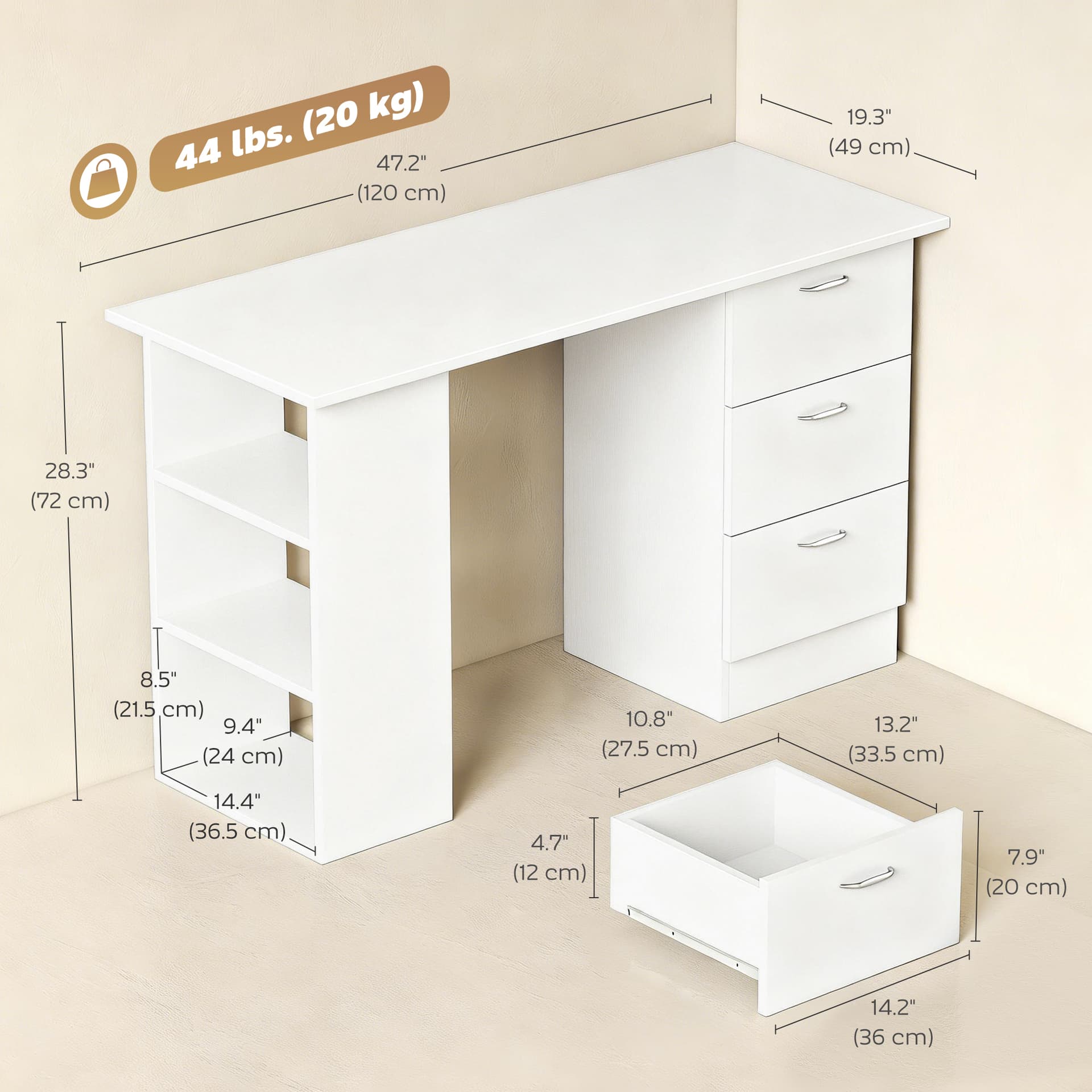 Computer Desk, 47" Writing Table with 3-Tier Shelves and 3 Reversible Drawers for Home Office, Bedroom, White