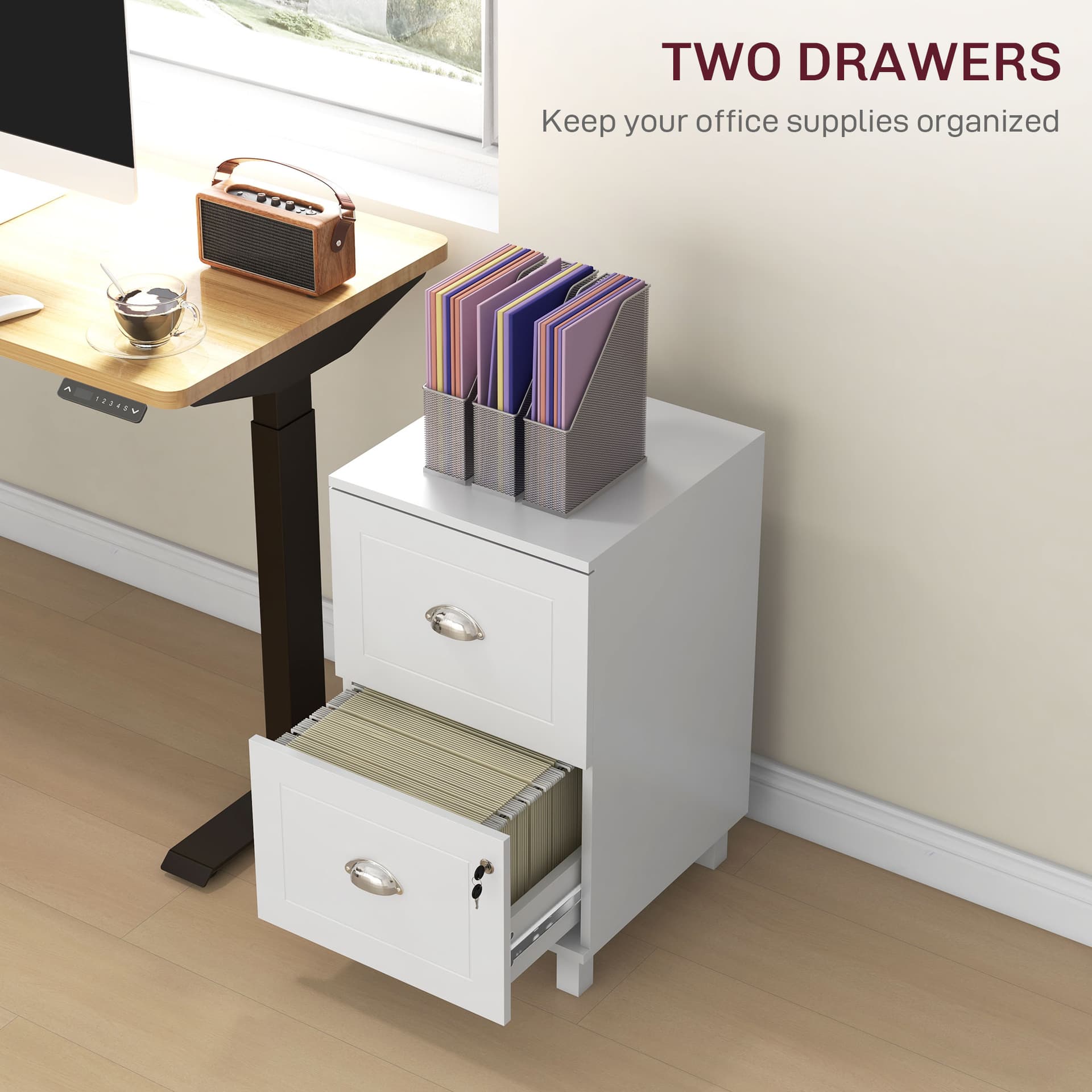 2-Drawer Small Filing Cabinet Lockable Home Office Storage Cabinet with Adjustable Hanging Bars for A4 Letter White