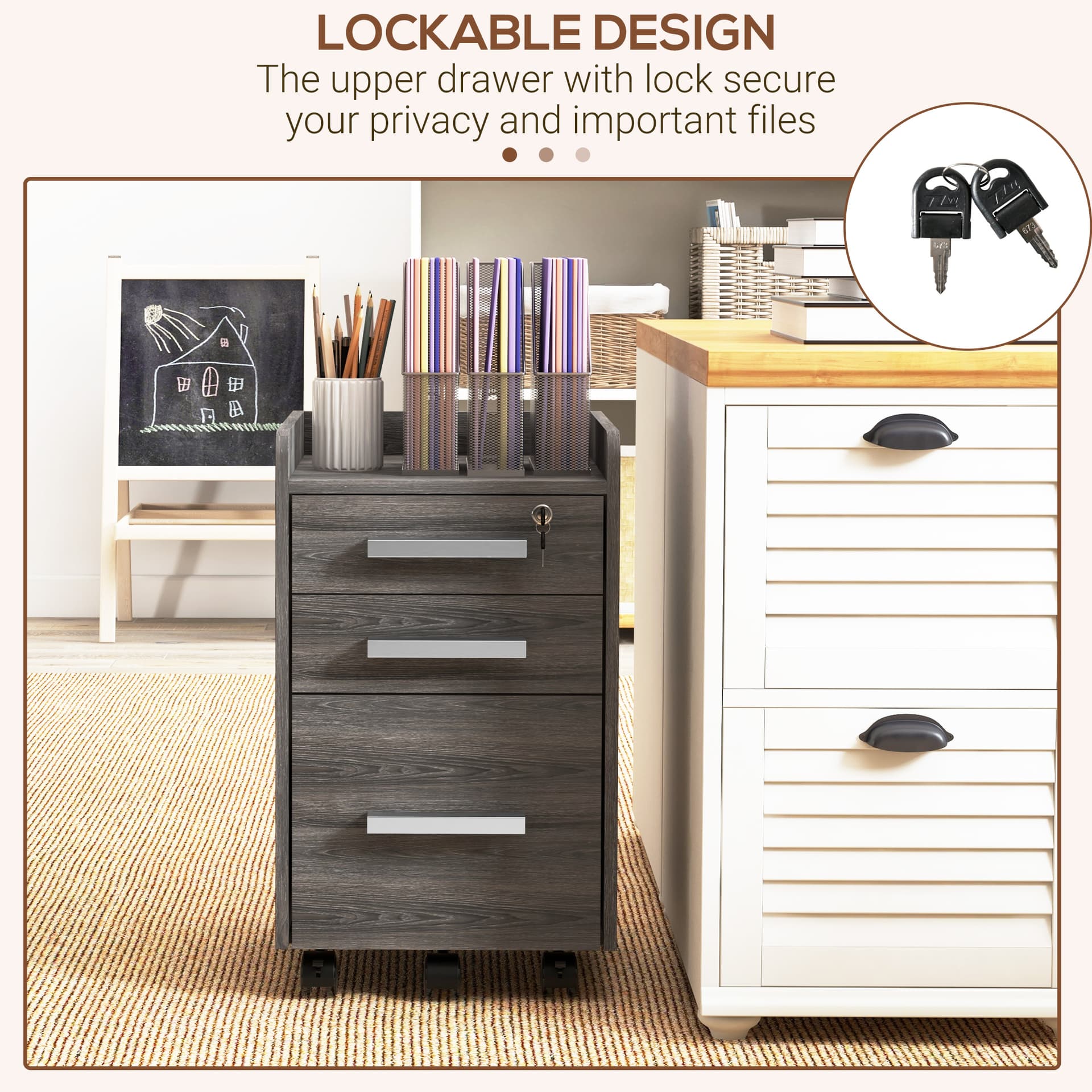 3 Drawer Vertical File Cabinet, Mobile Filing Cabinet with Lock and Wheels for A4, Letter Size, Grey