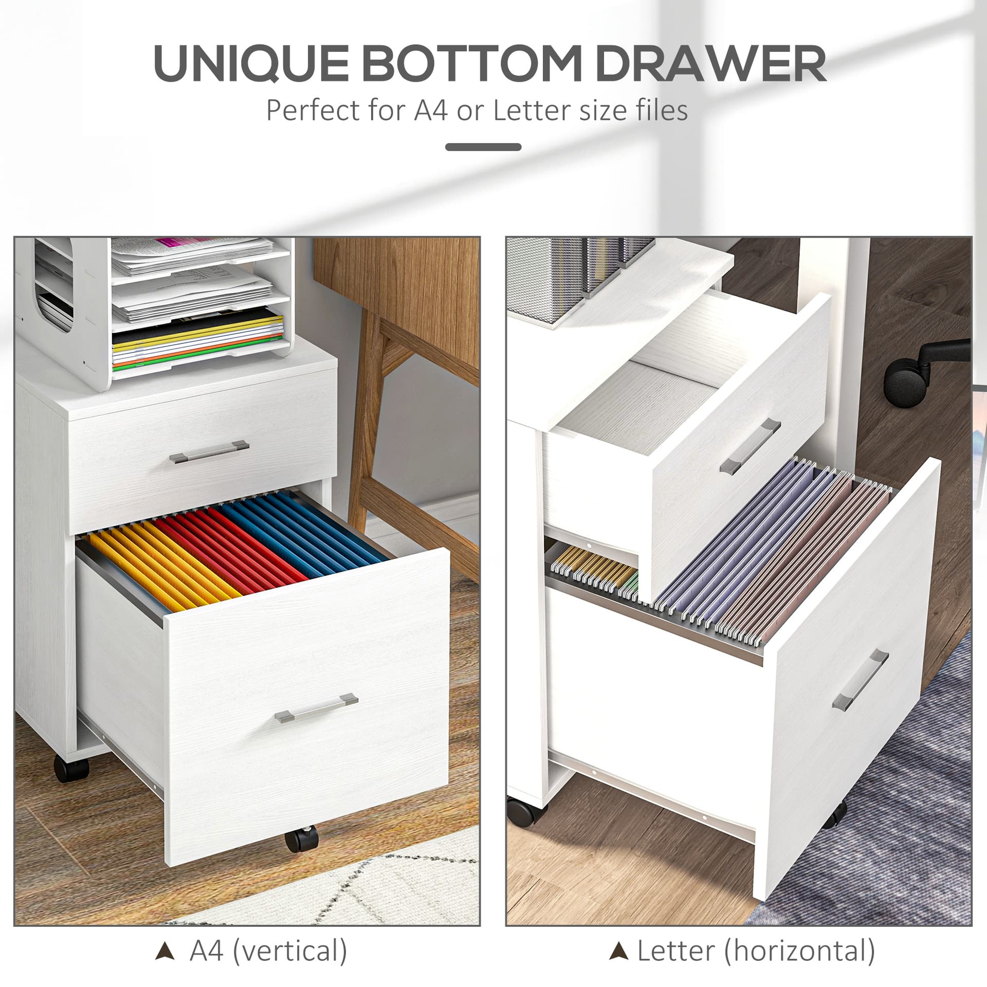 Mobile Filing Cabinet, Vertical File Cabinet with 2 Drawers, Wheels, for Letter or A4 File, White