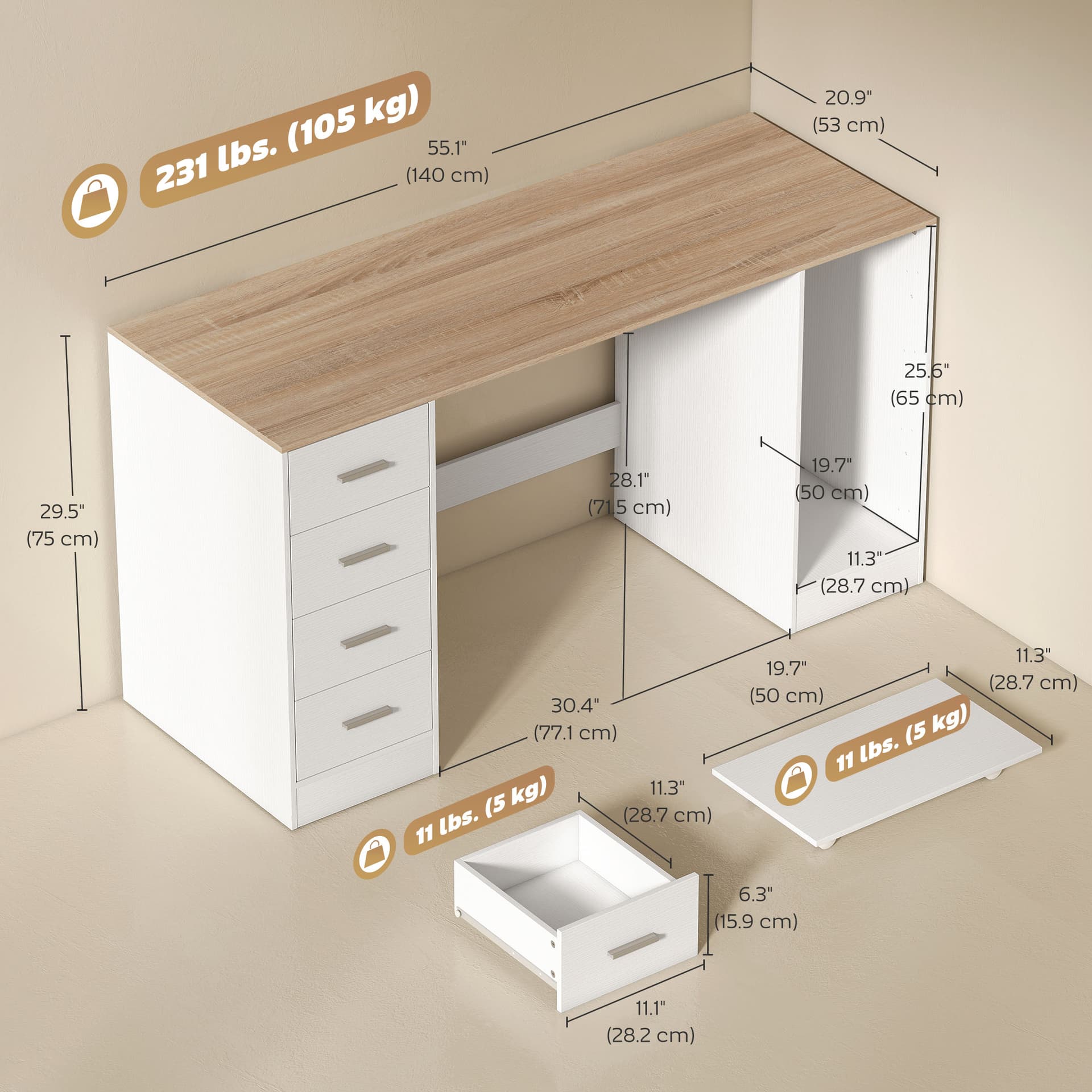 Office Desk, 55" Computer Desk with 4 Reversible Drawers, Mobile PC Stand, Adjustable Shelf, White Wood Grain