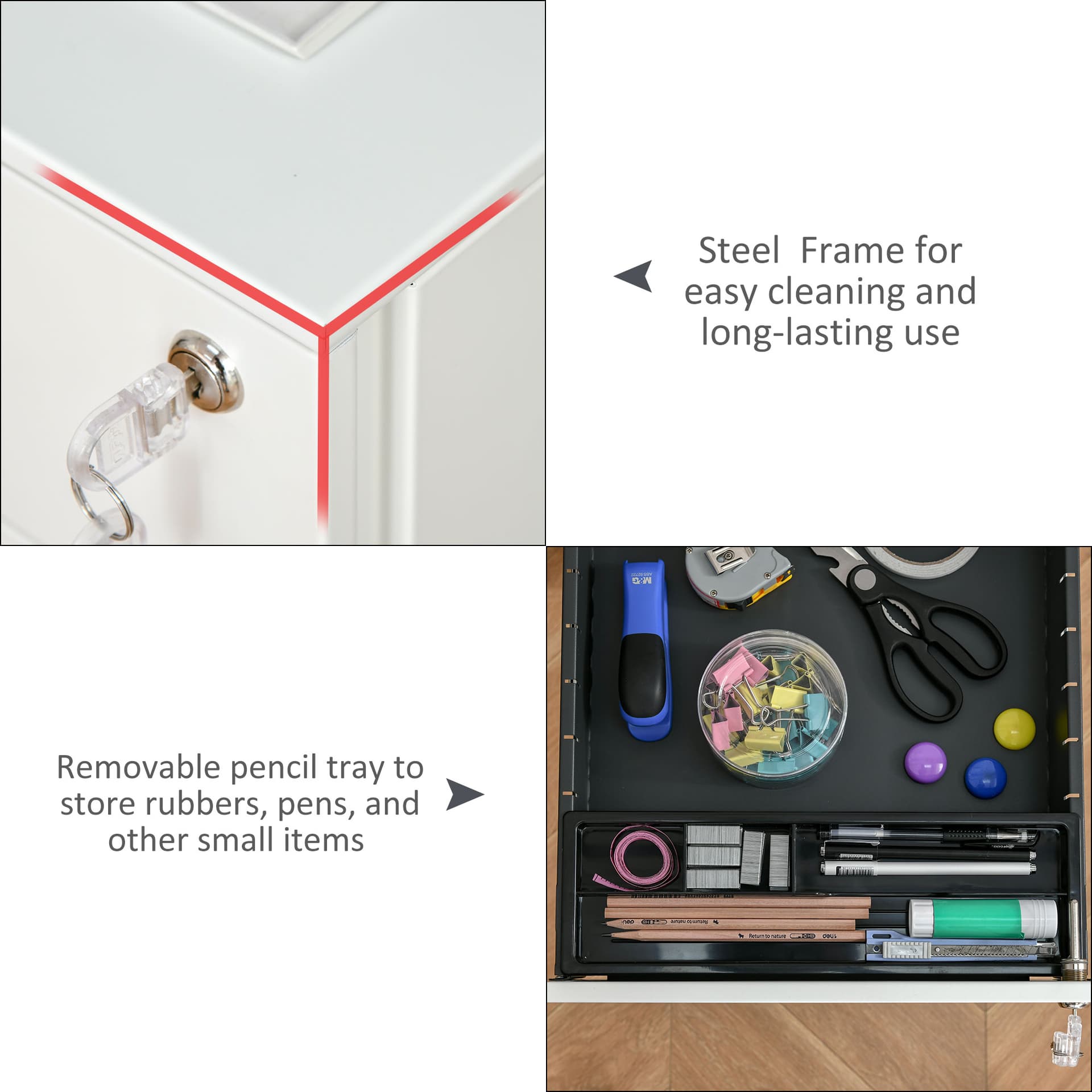 Lockable File Cabinet, Steel Filing Cabinet on Wheels for Legal, A4, Letter Size, with Pencil Tray for Home Office