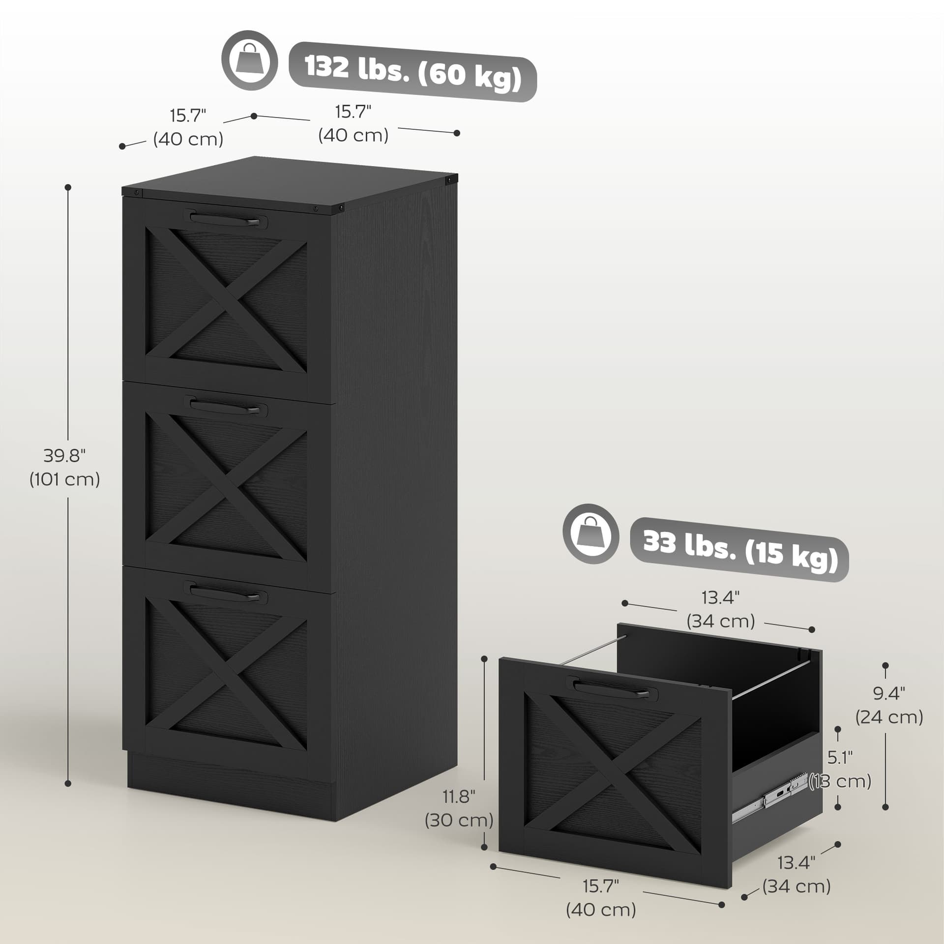 3 Drawer File Cabinet with Silent Slides, Vertical Farmhouse Filing Cabinet Fits Letter/A4 Size Home Office, Black