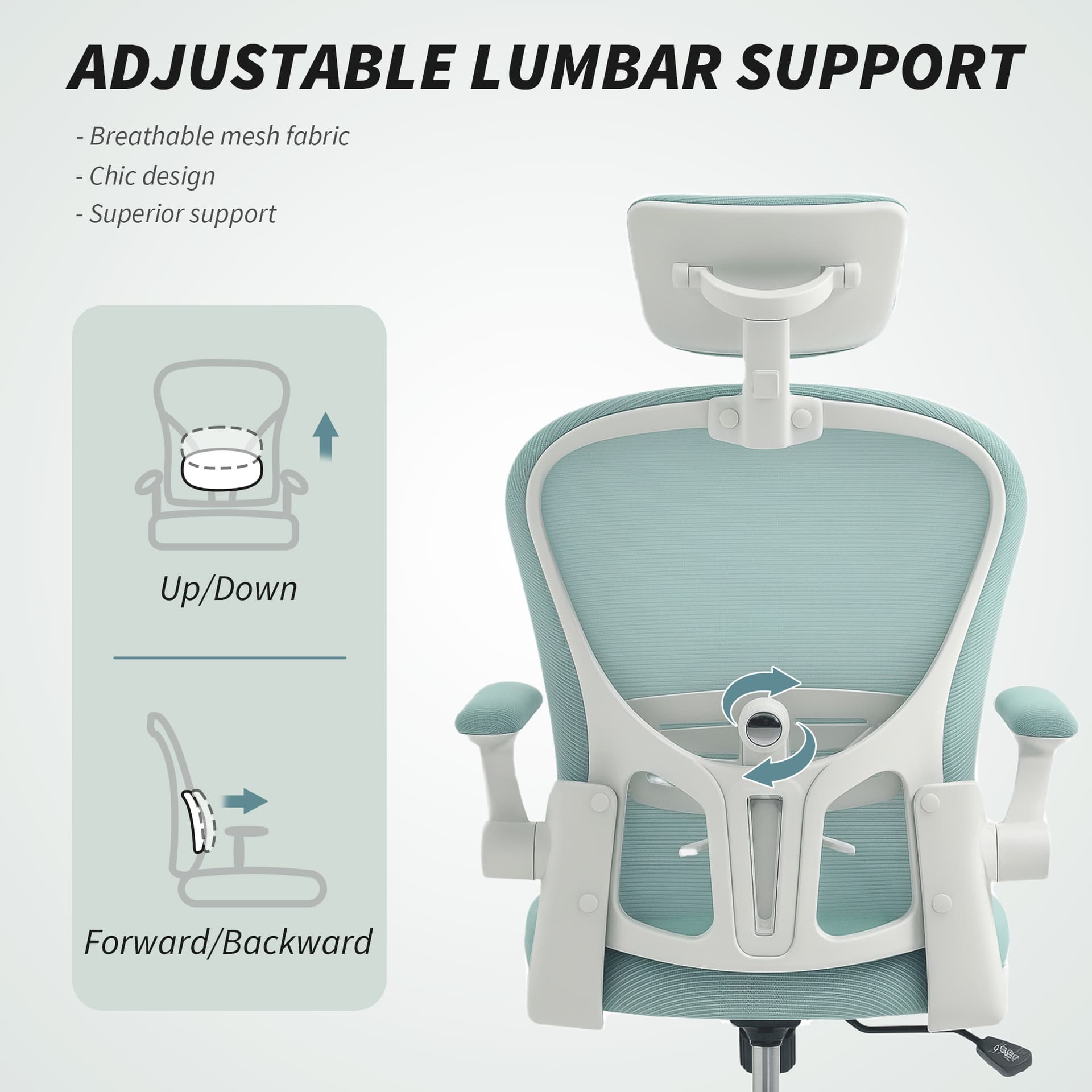 Office Chair, Mesh Computer Desk Chair with Adjustable Headrest, 4D Lumbar Support, Flip-up Arm, Light Green