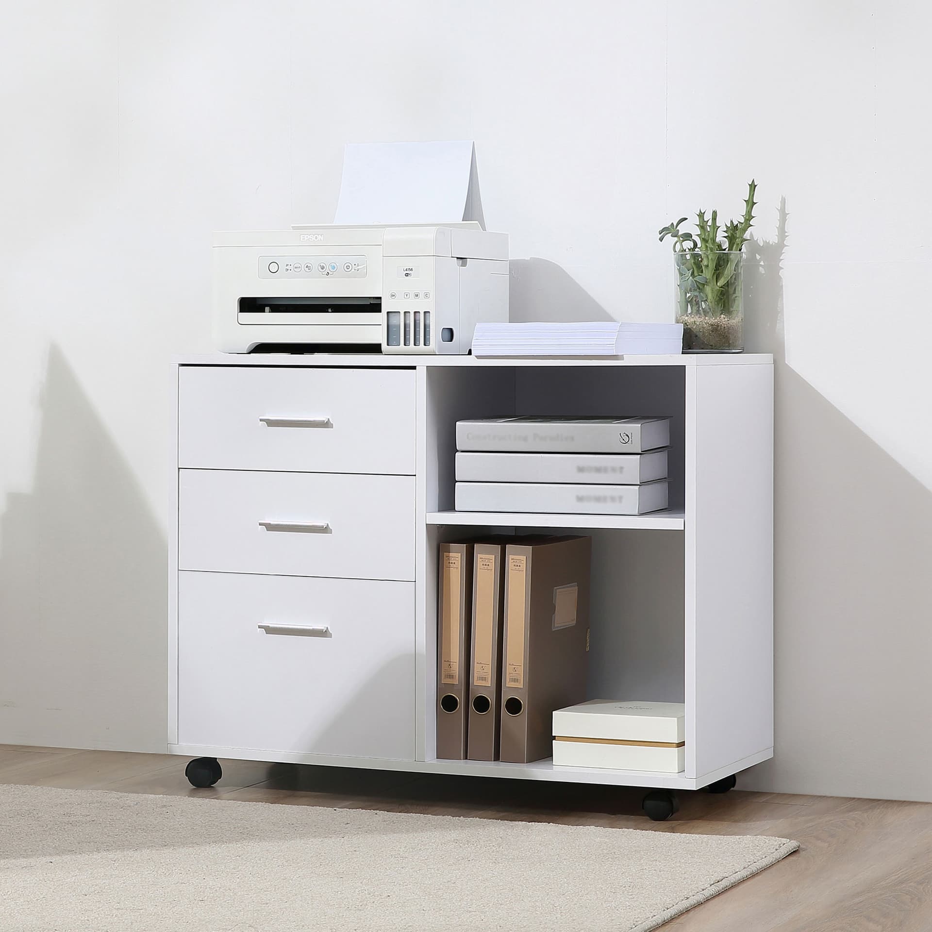 Modern Lateral Filing Cabinet, 3 Drawer File Cabinet for Letter and A4 Size Documents, Mobile, Printer Stand with Open Shelves, Rolling Wheels, White