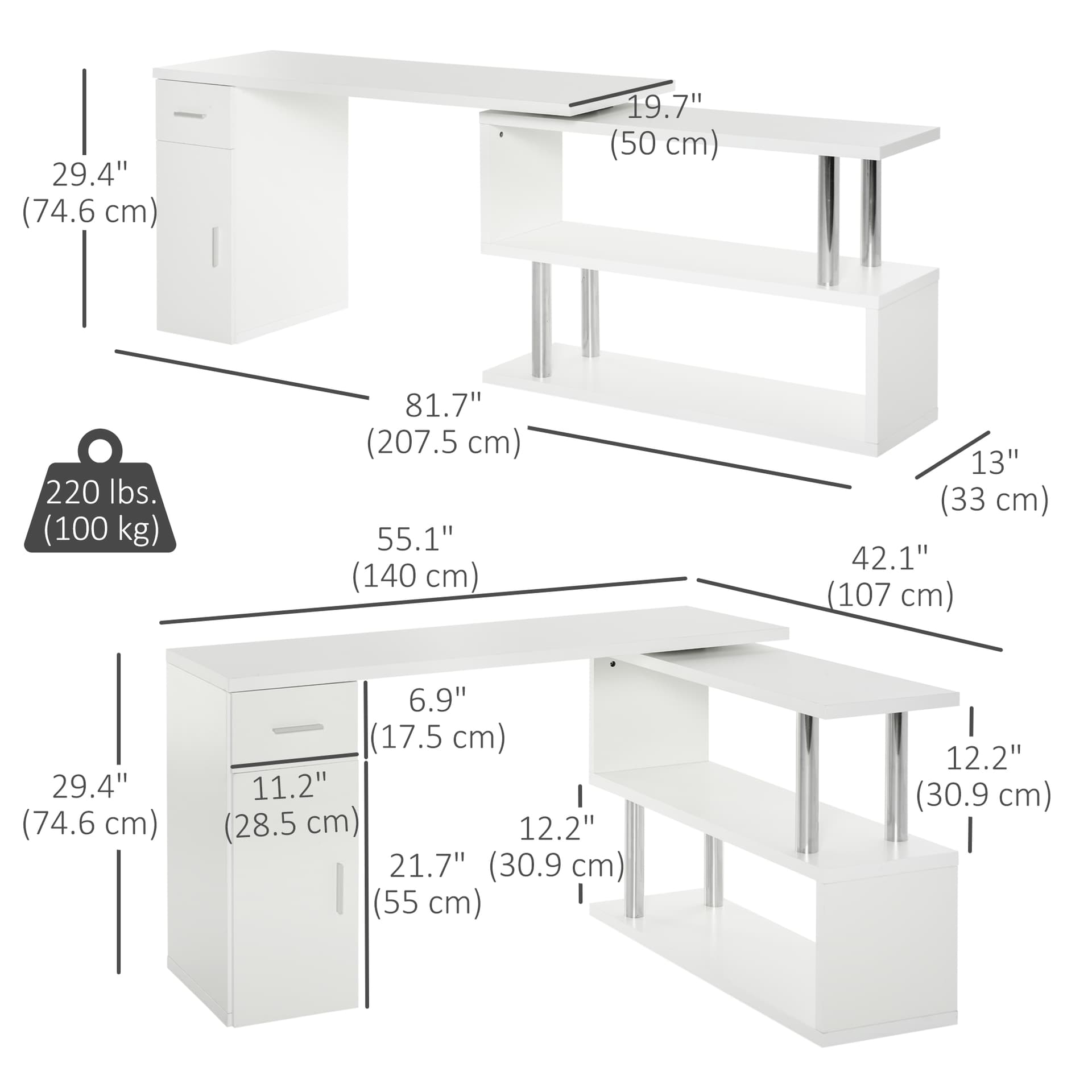 L-Shaped Rotating Computer Desk Home Office Study Workstation with Storage Shelves, Cabinet and Drawer for Home & Office, White