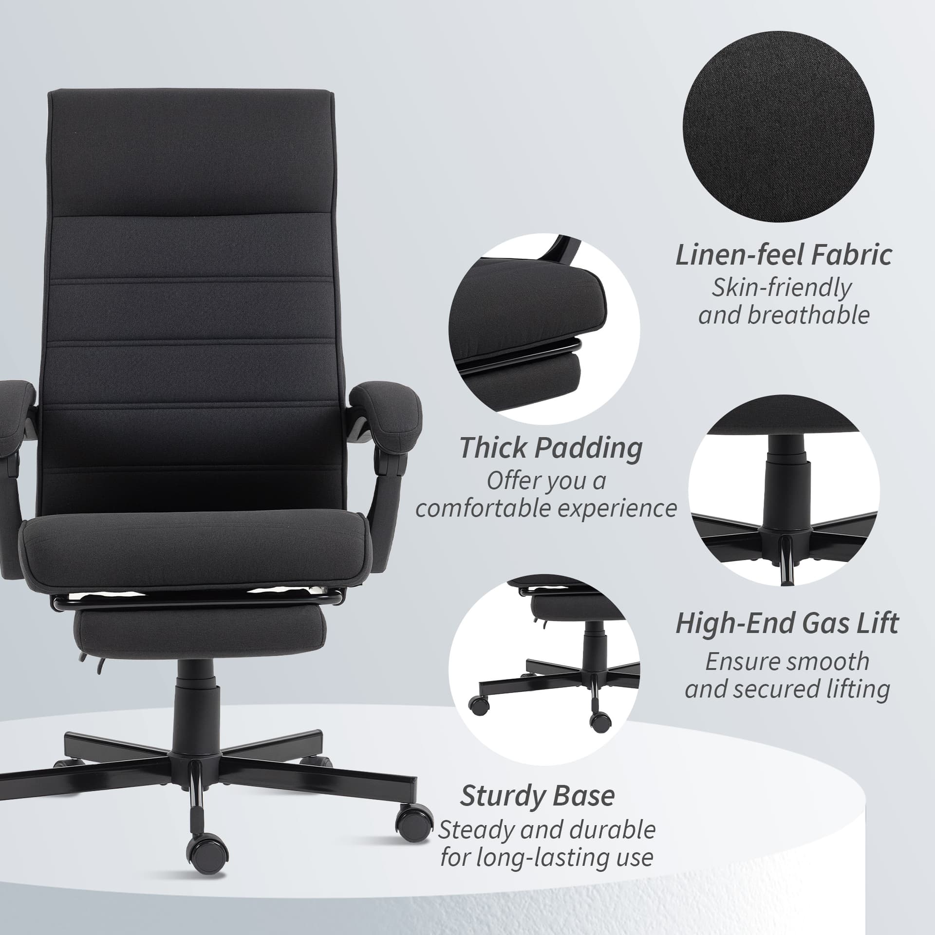 Office Chair, Linen High Back Desk Chair, Swivel Recliner with Adjustable Height, Footrest and Padded Armrest, Black