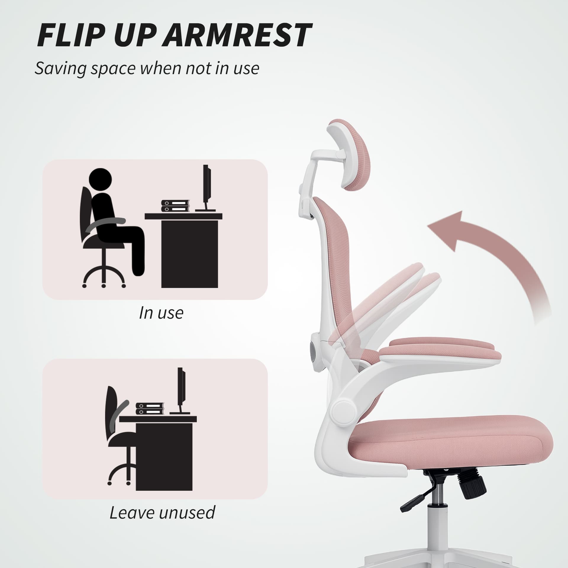 Ergonomic Mesh Office Chair, High Back Desk Chair with Rotatable Headrest, Flip-Up Armrests, Lumbar Support, Pink