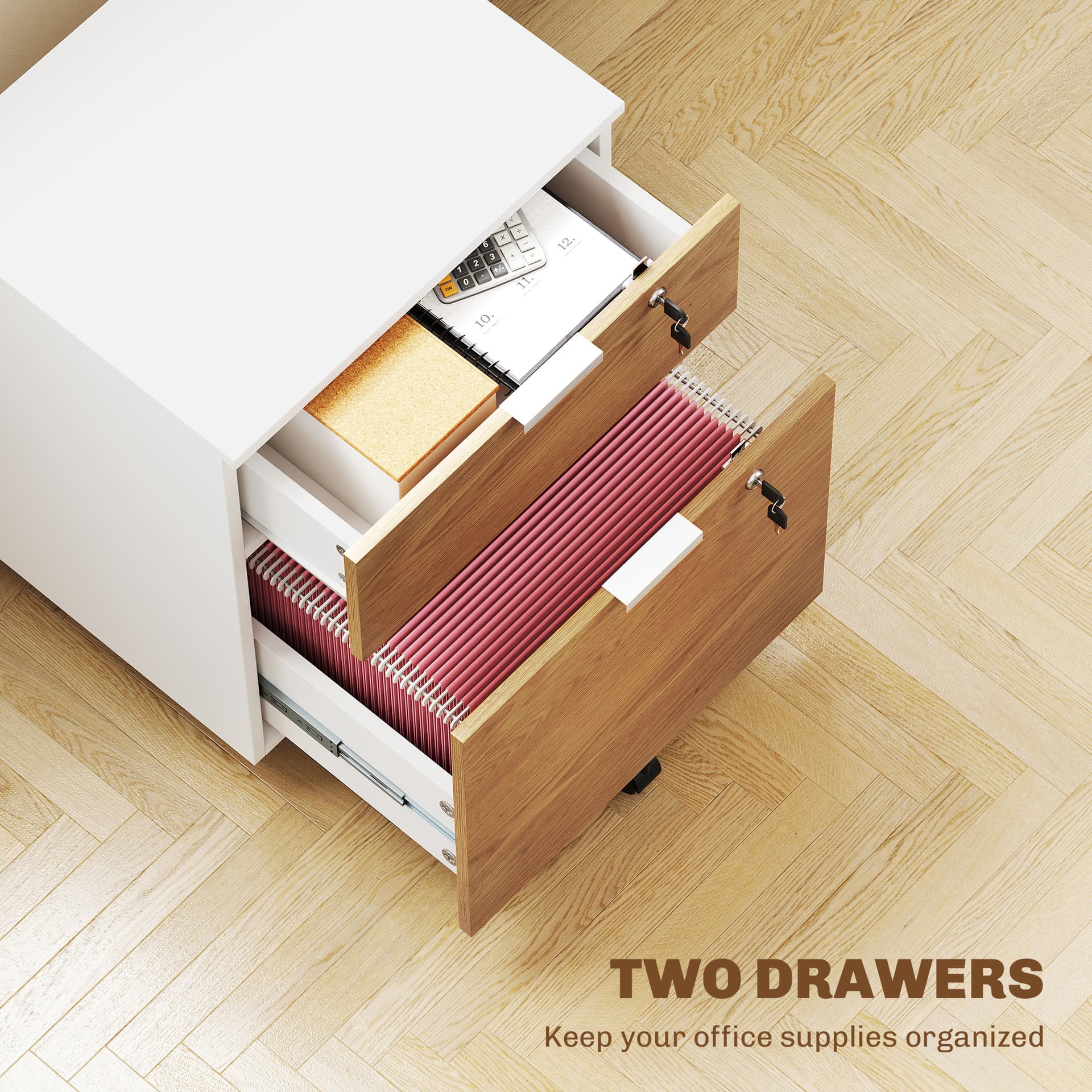 2 Drawer Small Filing Cabinet Lockable Office Storage Cabinet with Hanging Bars for A4 Legal Letter White Nature Wood