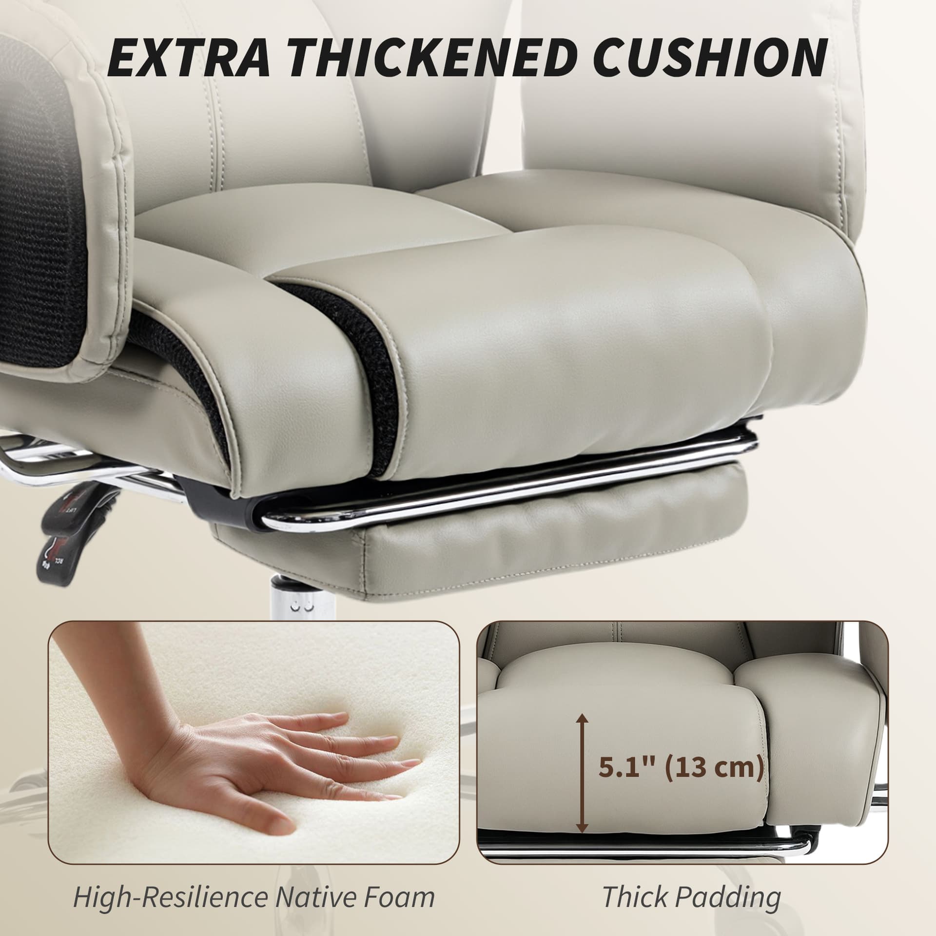 Reclining Office Chair, Overstuffed Executive Desk Chair with High Back, PU Leather, Footrest, Swivel Wheels, Grey