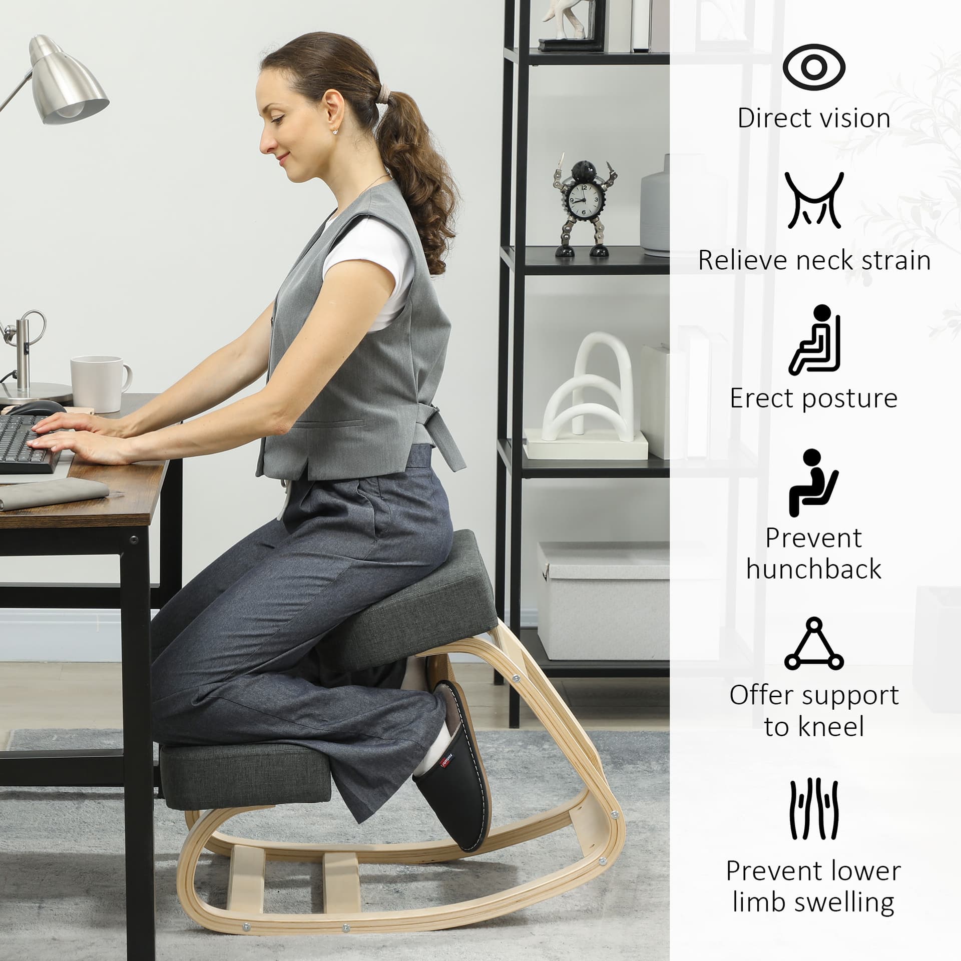 Ergonomic Kneeling Chair, Wood Kneel Stool with Thick Pads, Desk Knee Chair, Improve Posture, Dark Grey
