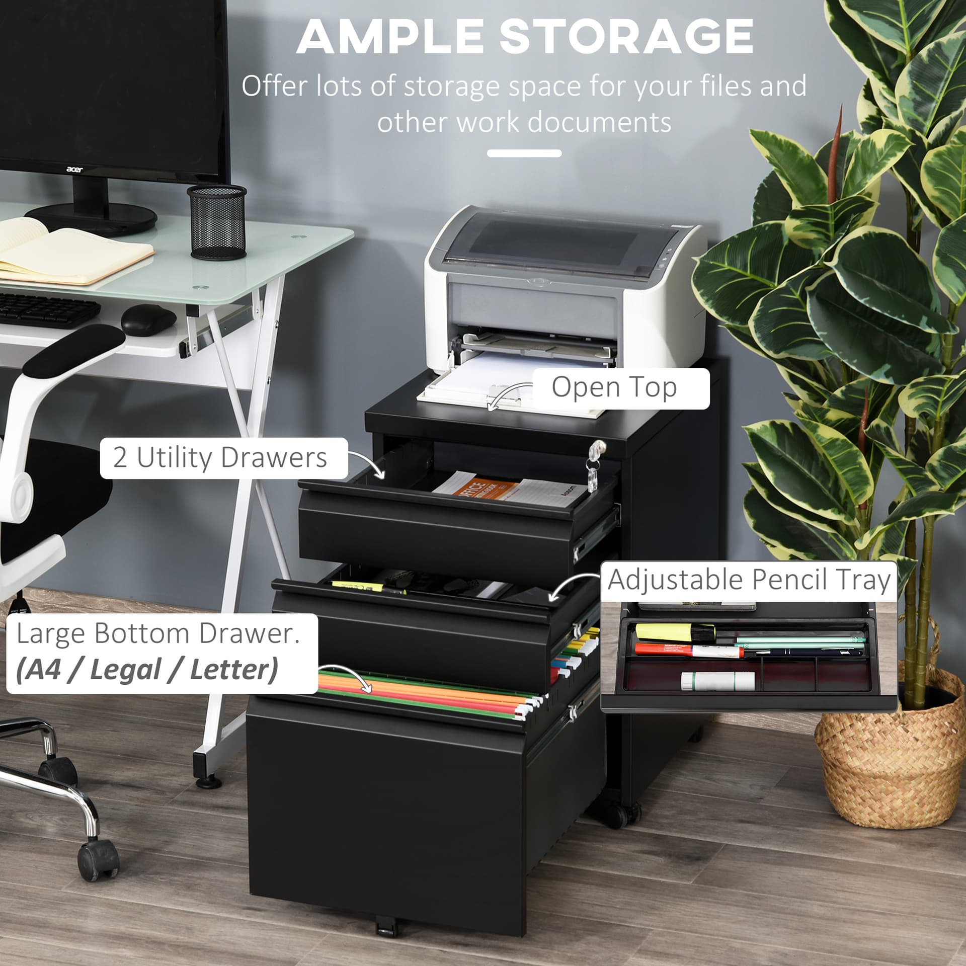 3 Drawer Filing Cabinet, Lockable Office Storage Cabinet on Wheels for Legal, Letter, A4 Files, Black