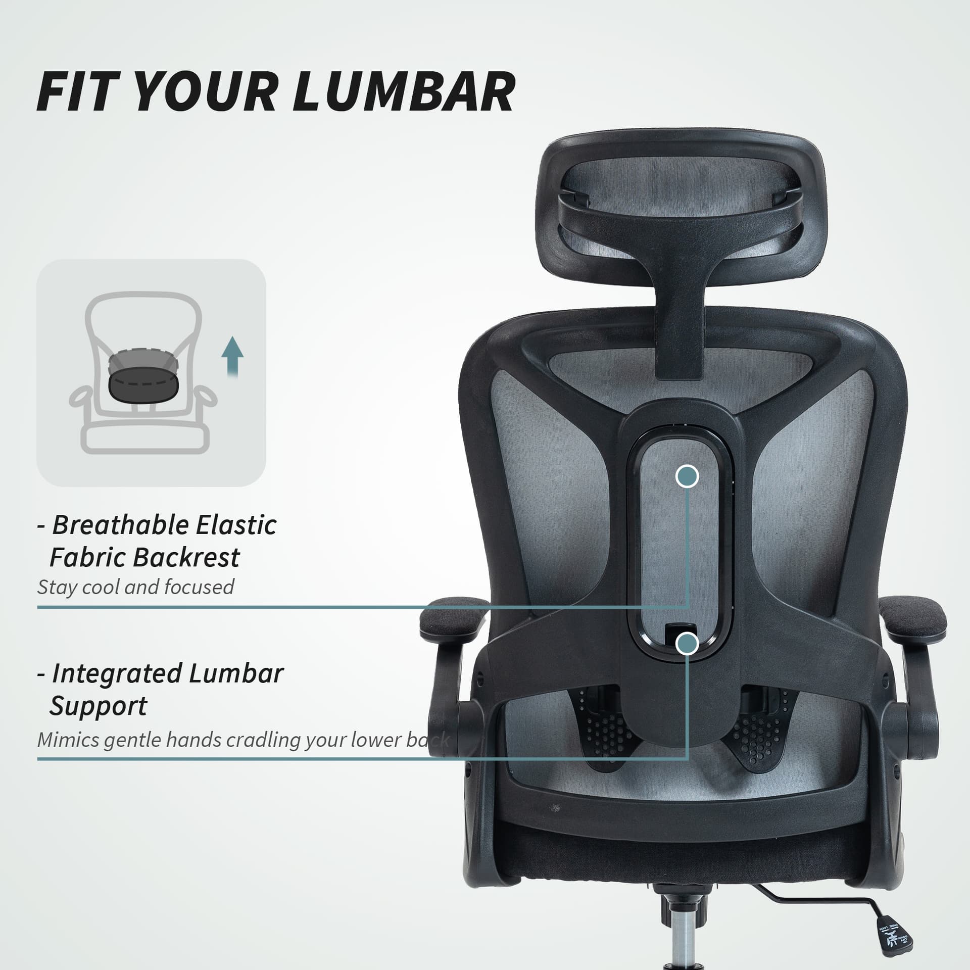 Ergonomic Office Chair, Swivel Desk Chair with Lumbar Support and Adjustable Height, Flip-up Armrests, Wheels, Grey