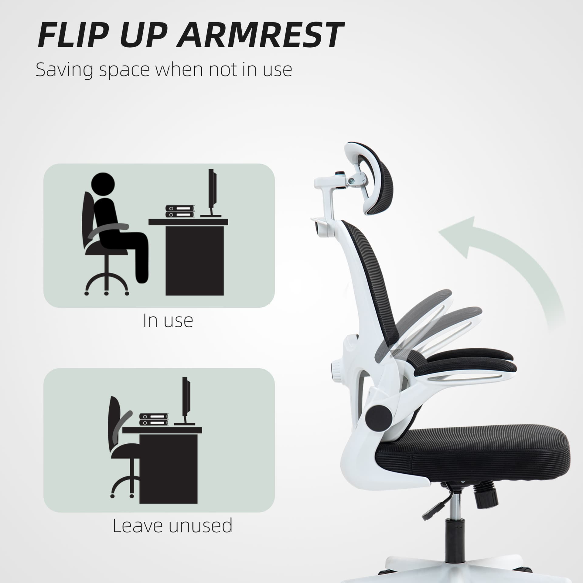 Mesh Office Chair, Ergonomic Desk Chair with Flip-up Armrest, Rotatable Headrest, Adjustable Lumbar Support, Black