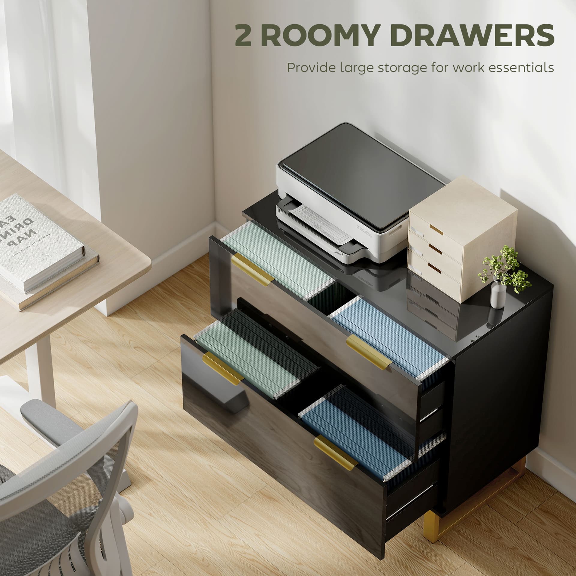 Lateral File Cabinet with 2 Drawers, Modern Filing Cabinet for Letter/A4/Legal Size Files, High Gloss Black