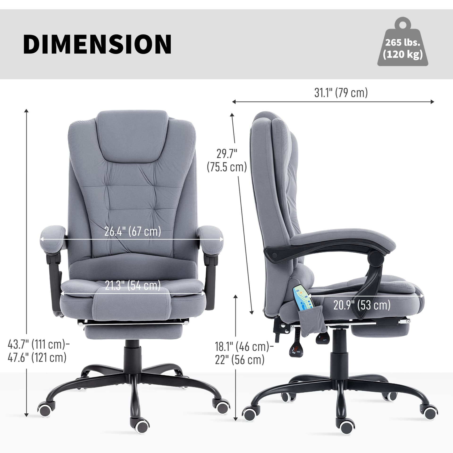 7-Point Vibrating Massage Chair, Reclining Office Chair with Footrest, Reclining Back, Adjustable Height, Grey