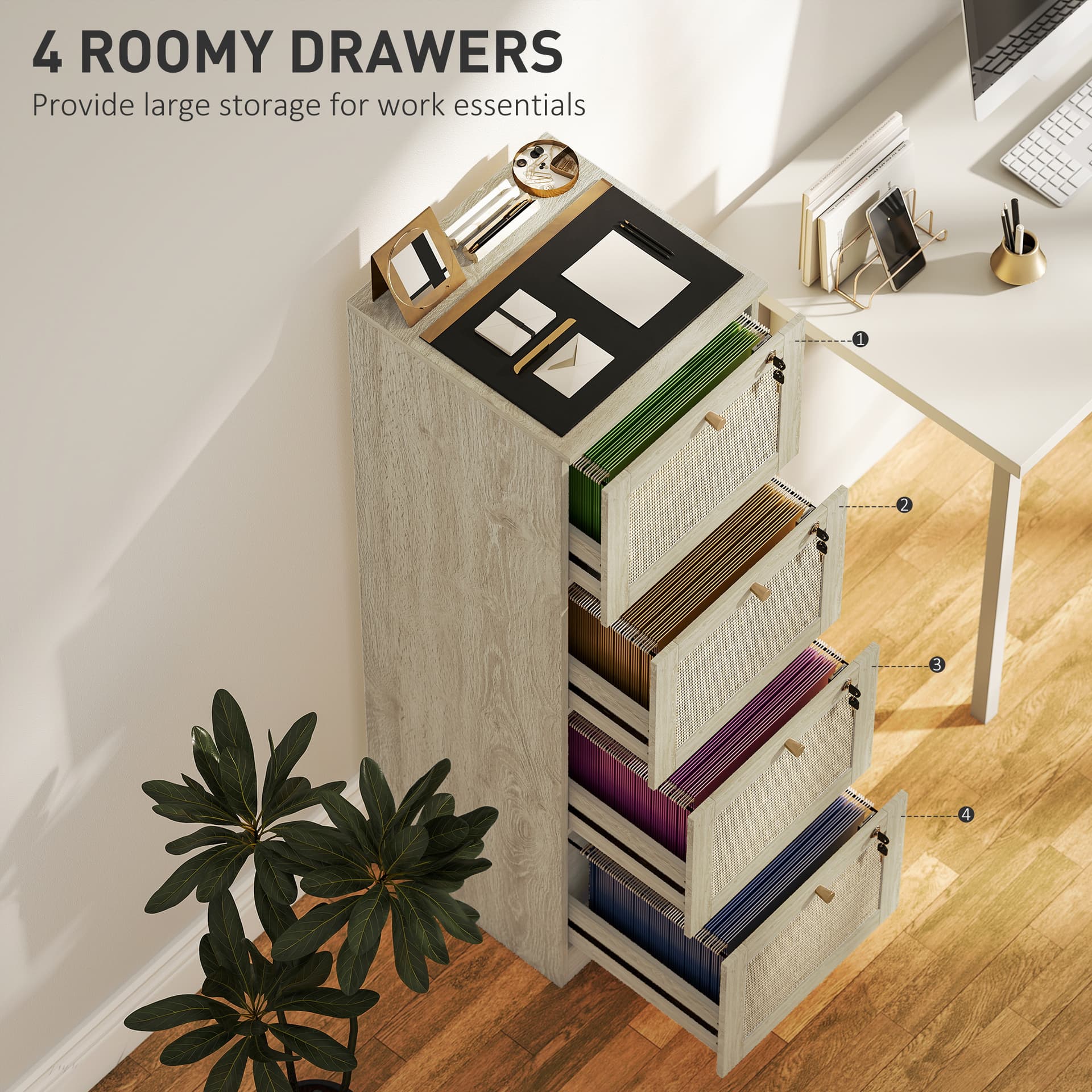 4 Drawer Filing Cabinet with Lock, Boho File Cabinet for A4 Letter Size Files with Decorative Rattan Accents, Oak