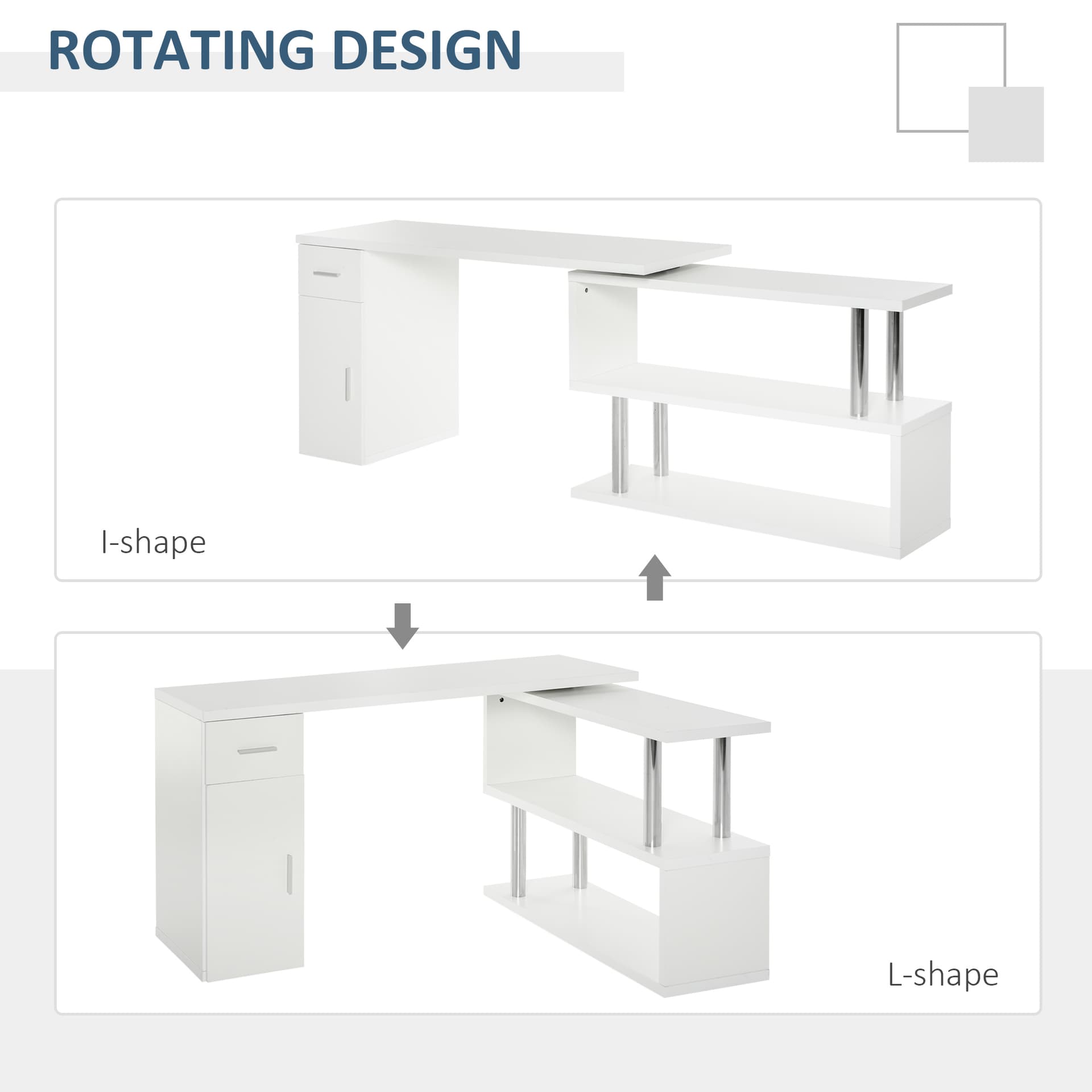 L-Shaped Rotating Computer Desk Home Office Study Workstation with Storage Shelves, Cabinet and Drawer for Home & Office, White
