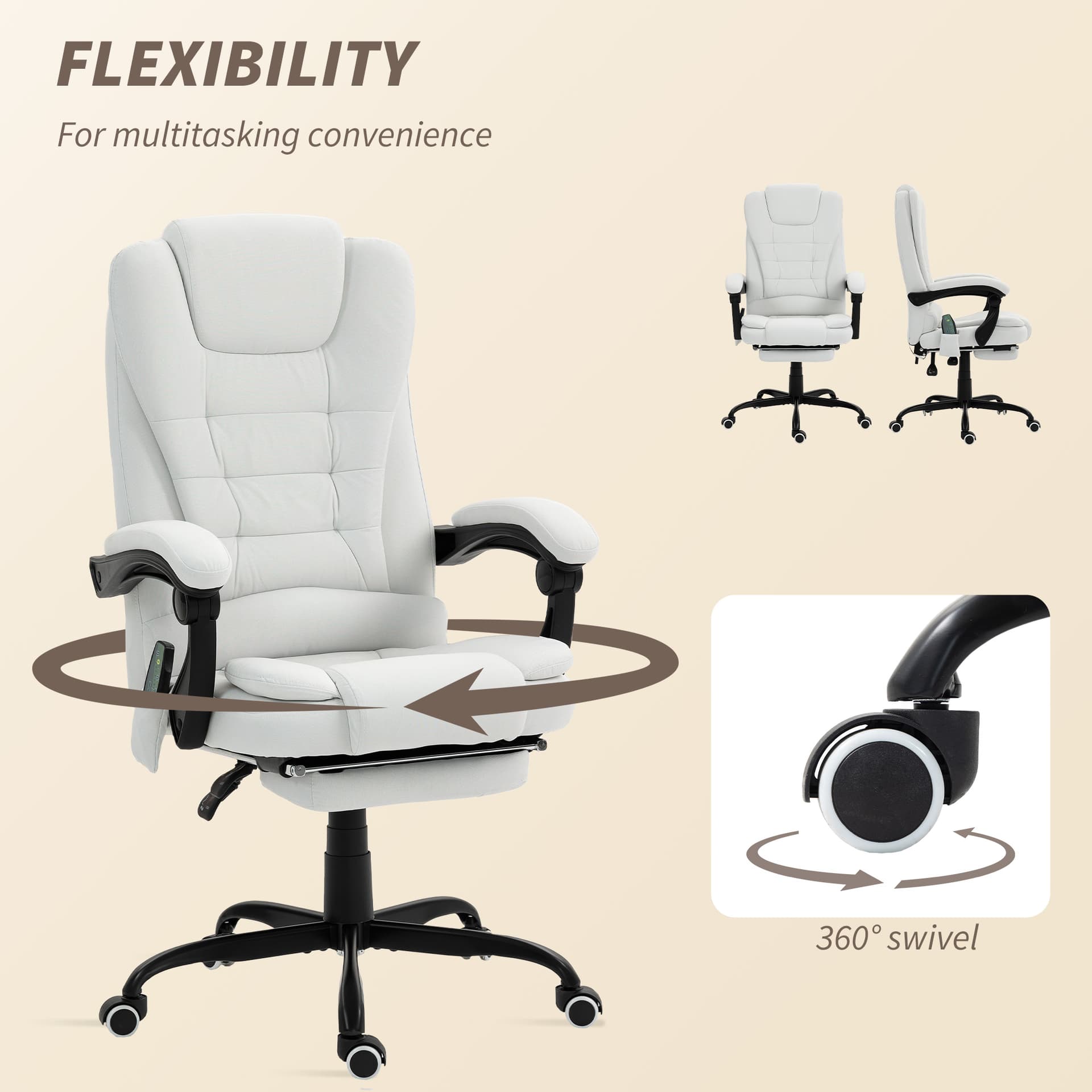 7-Point Vibrating Massage Chair, Reclining Office Chair with Footrest, Reclining Back, Adjustable Height, White