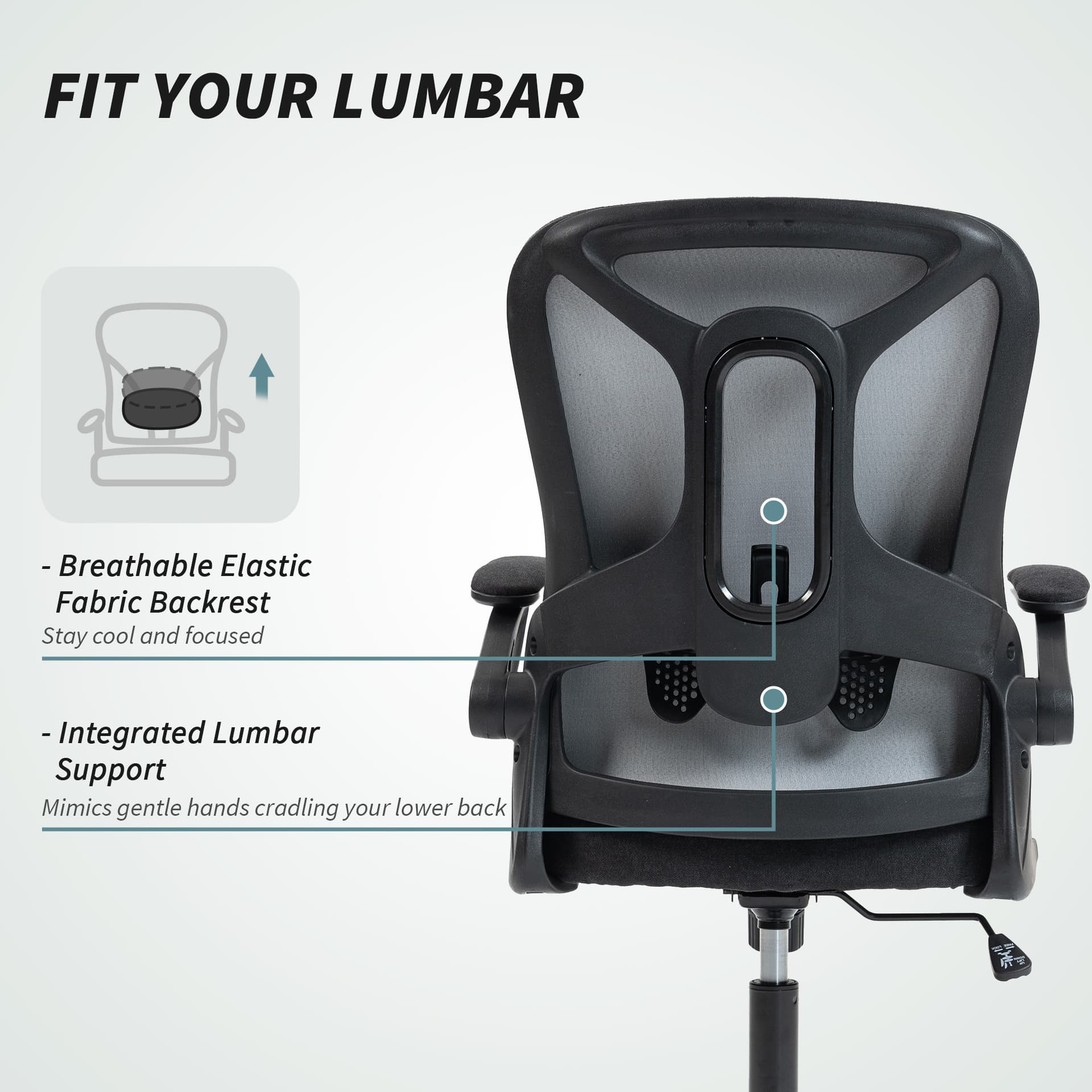 Ergonomic Office Chair, Swivel Desk Chair with Adjustable Lumbar Support and Height, Flip-up Armrests, Wheels, Black
