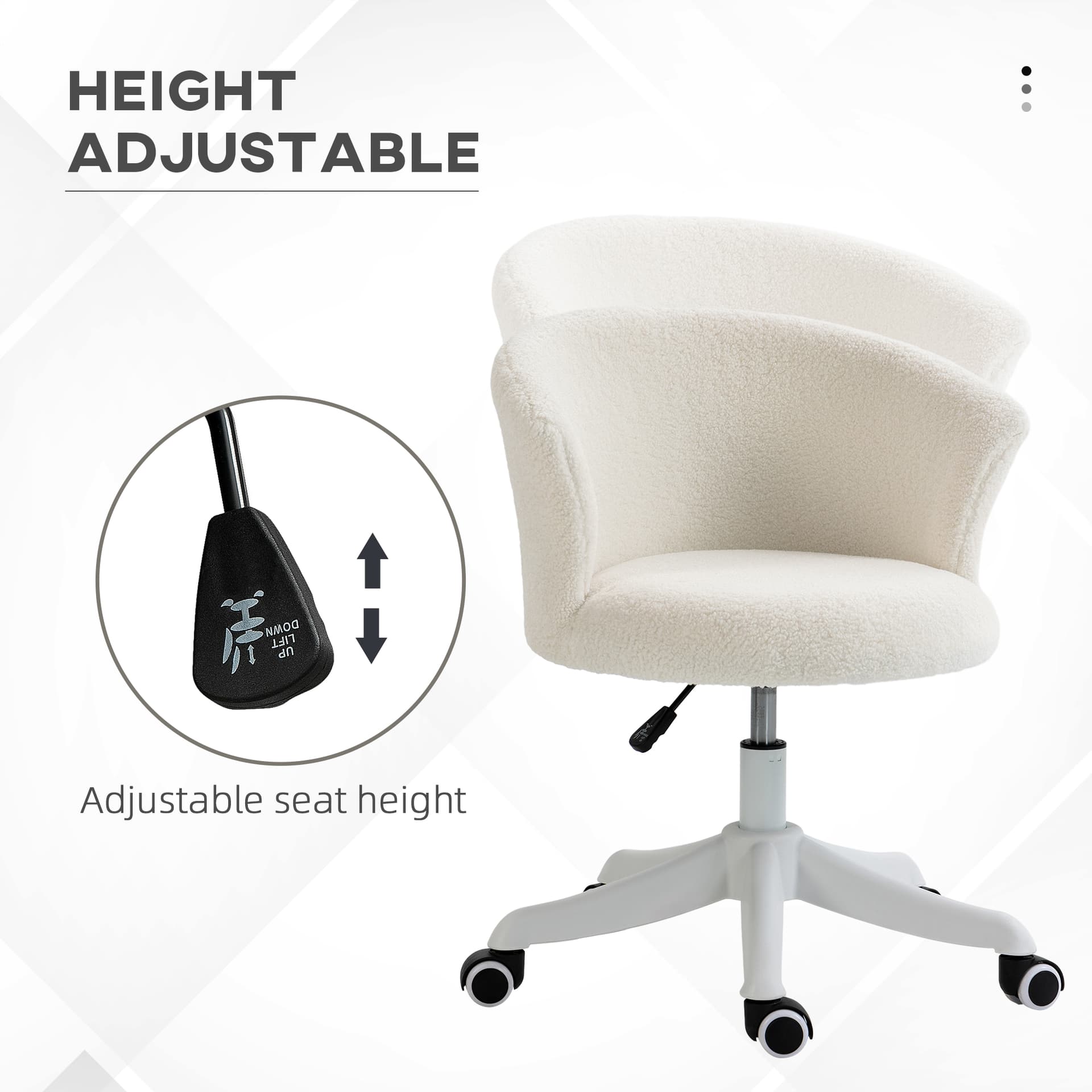 Armless Office Chair, Fluffy Computer Desk Chair with Adjustable Height, Swivel Wheels, Mid Back, White