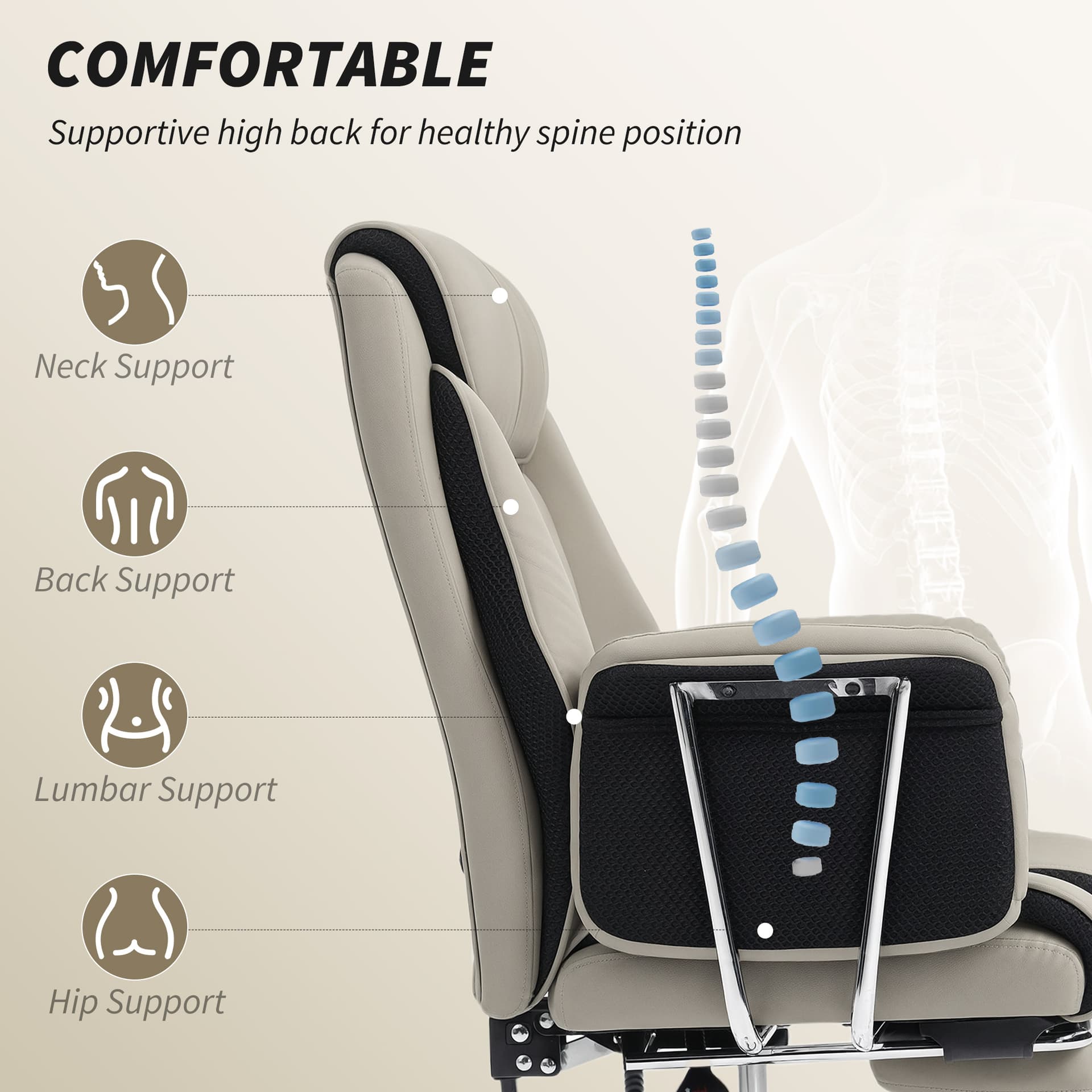 Reclining Office Chair, Overstuffed Executive Desk Chair with High Back, PU Leather, Footrest, Swivel Wheels, Grey