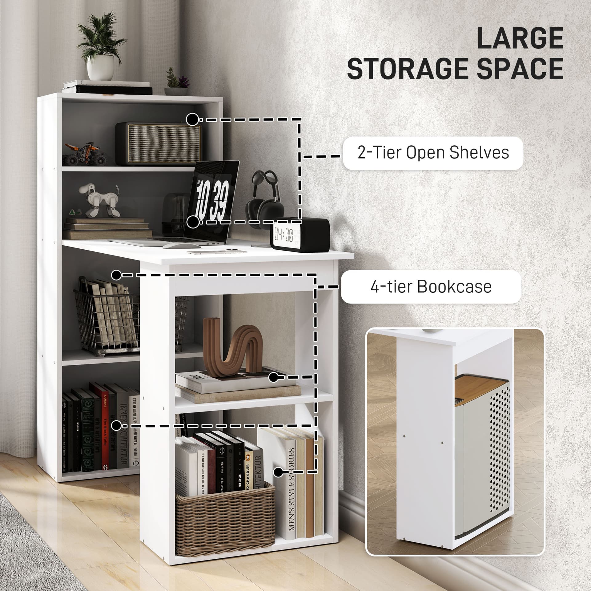 Modern Computer Desk with Storage Shelves, 47" Writing Table Workstation with Bookshelf for Home Office, White