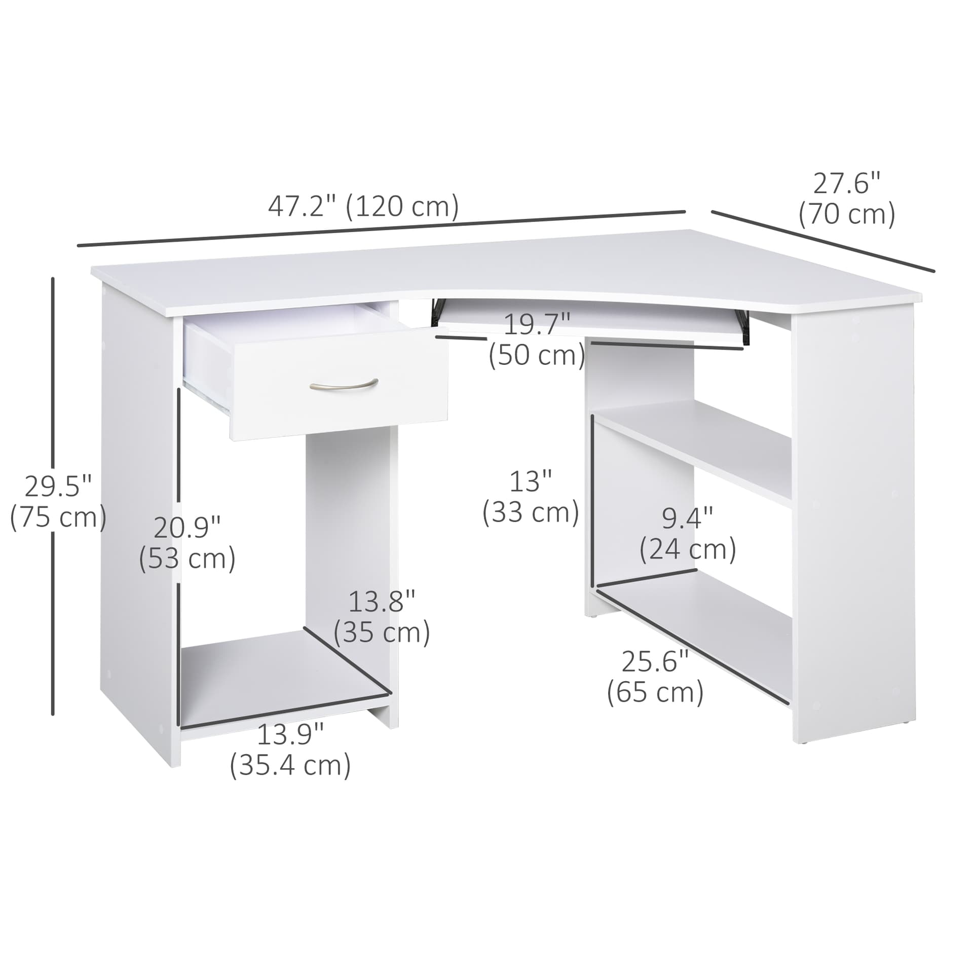 47" L-Shaped Desk with Keyboard Tray, Computer Corner Desk for Small Space with Shelves, Drawer, CPU Stand, Home Office Writing Table, White