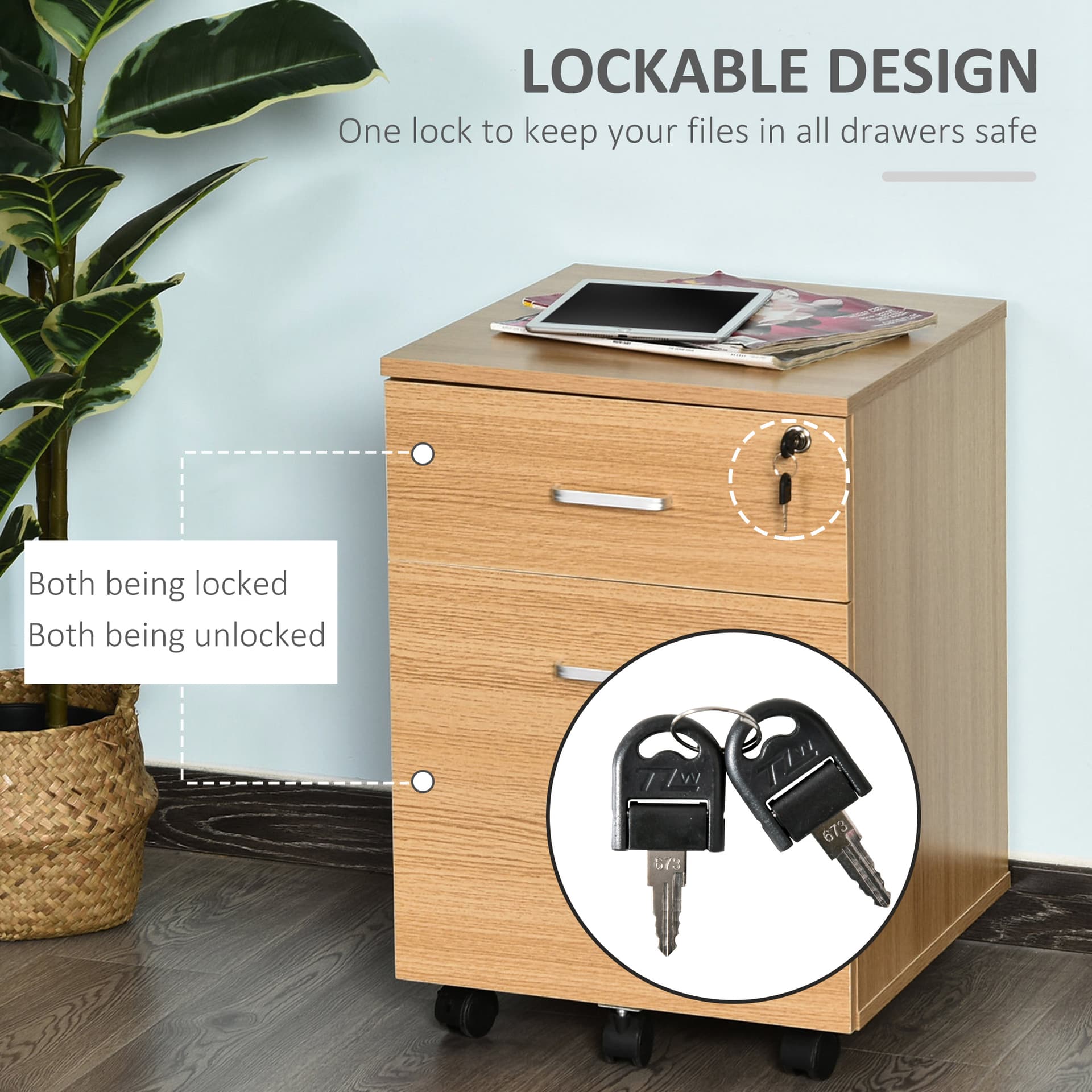 2 Drawer File Cabinet with Lock and Keys, Mobile Vertical Filing Cabinet with Wheels and Drawers, Home Office Cabinet, Natural