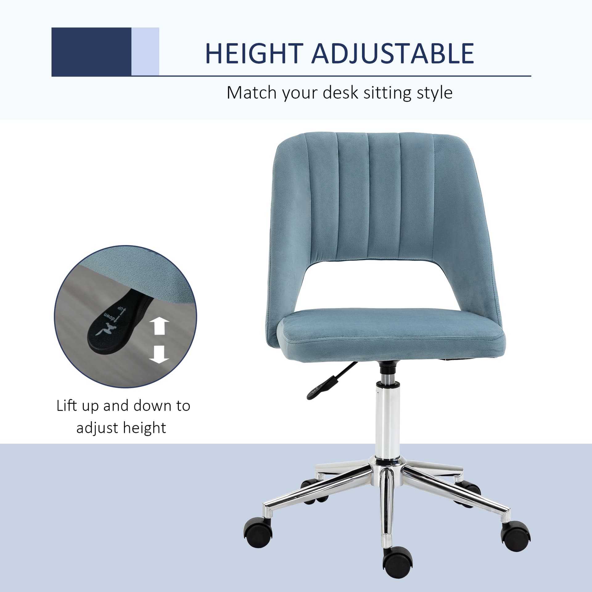 Mid Back Office Chair Velvet Fabric Swivel Scallop Shape Computer Desk Chair, Sky Blue